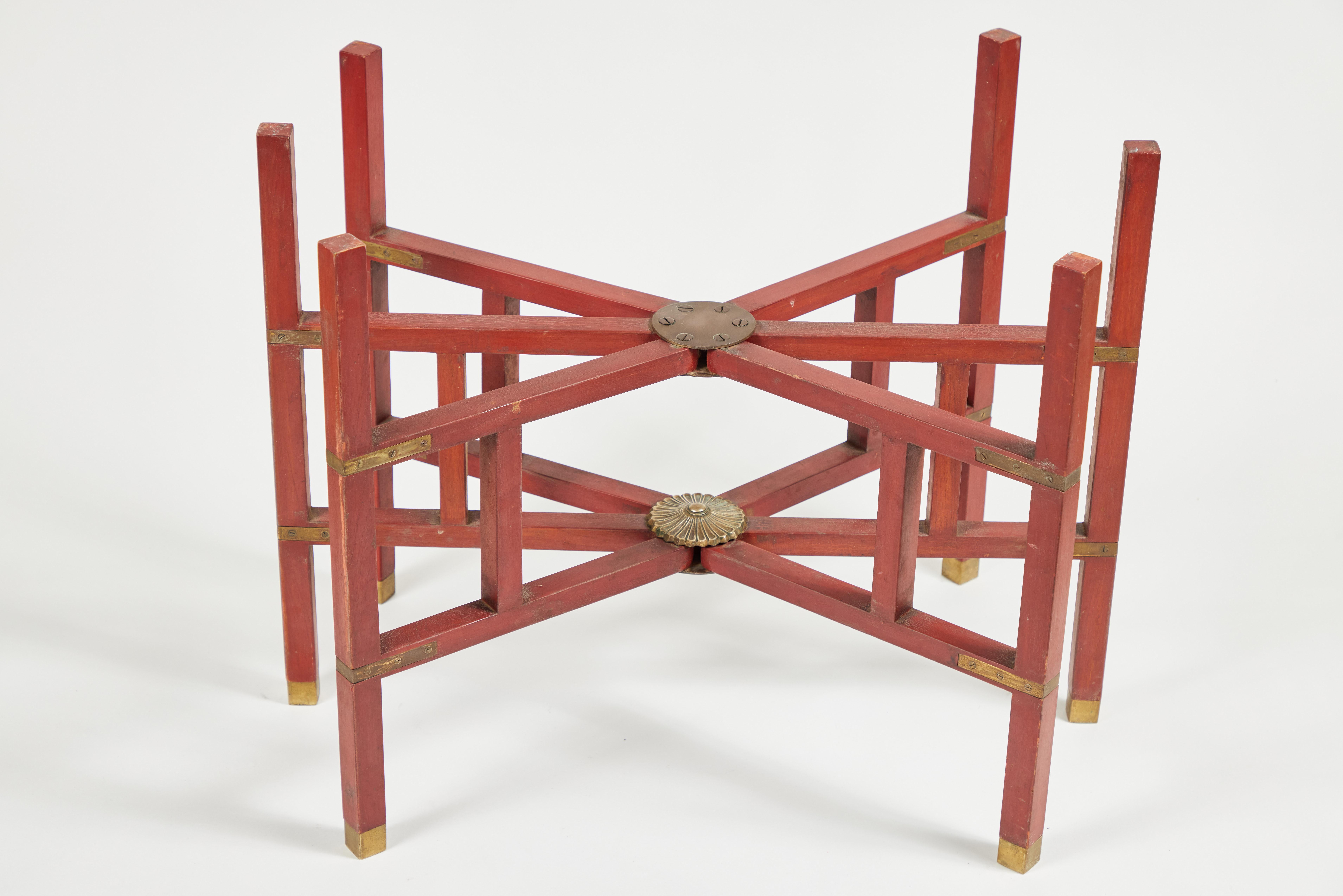 Vintage Rectangular Brass Tray Table with Red Folding Base 5