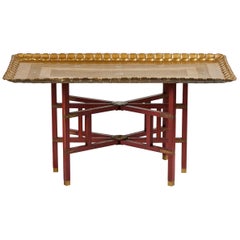 Vintage Rectangular Brass Tray Table with Red Folding Base