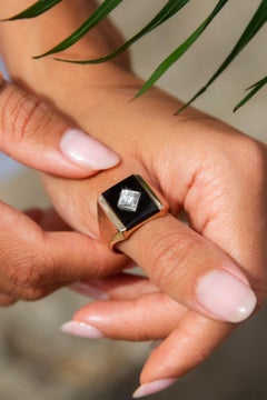 Vintage Rectangular Buff Top Onyx & Diamond Men's Signet Ring 9 Carat Gold