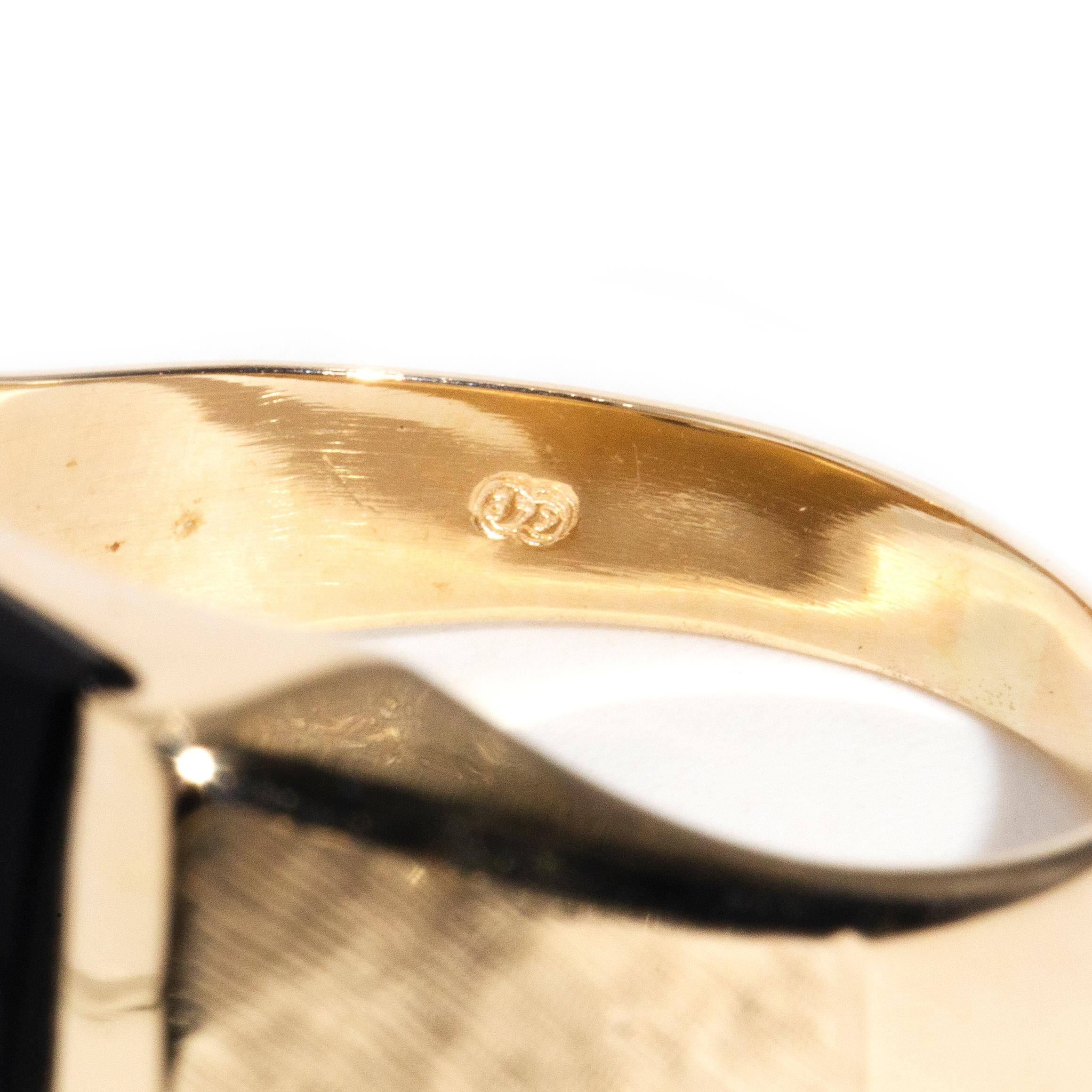 Vintage Rectangular Buff Top Onyx & Diamond Men's Signet Ring 9 Carat Gold In Good Condition In Hamilton, AU