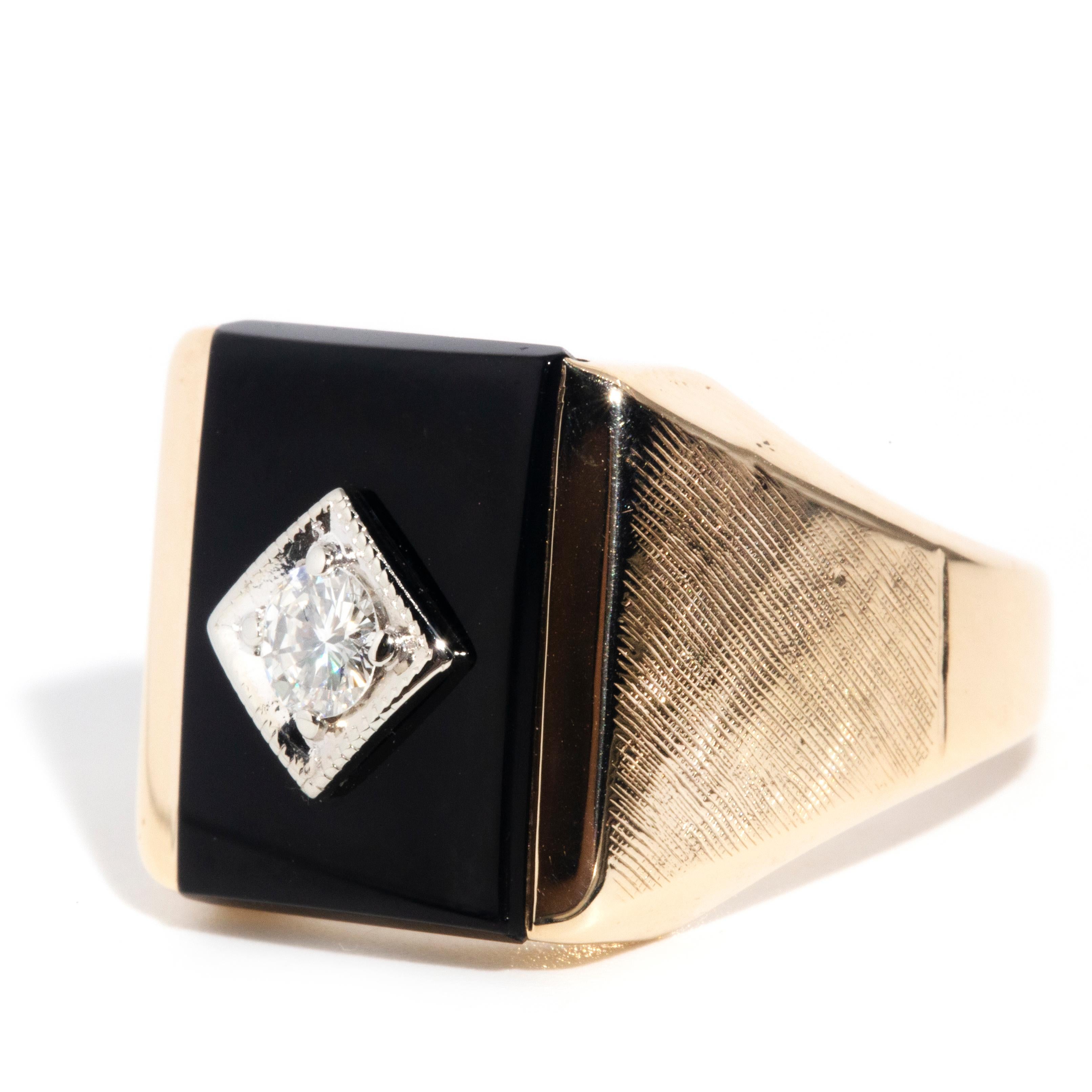 Modern Vintage Rectangular Buff Top Onyx & Diamond Men's Signet Ring 9 Carat Gold