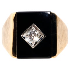 Vintage Rectangular Buff Top Onyx & Diamond Men's Signet Ring 9 Carat Gold