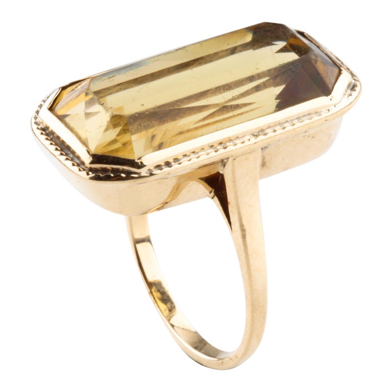 Vintage Rectangular Citrine Statement Ring in Yellow Gold at 1stDibs