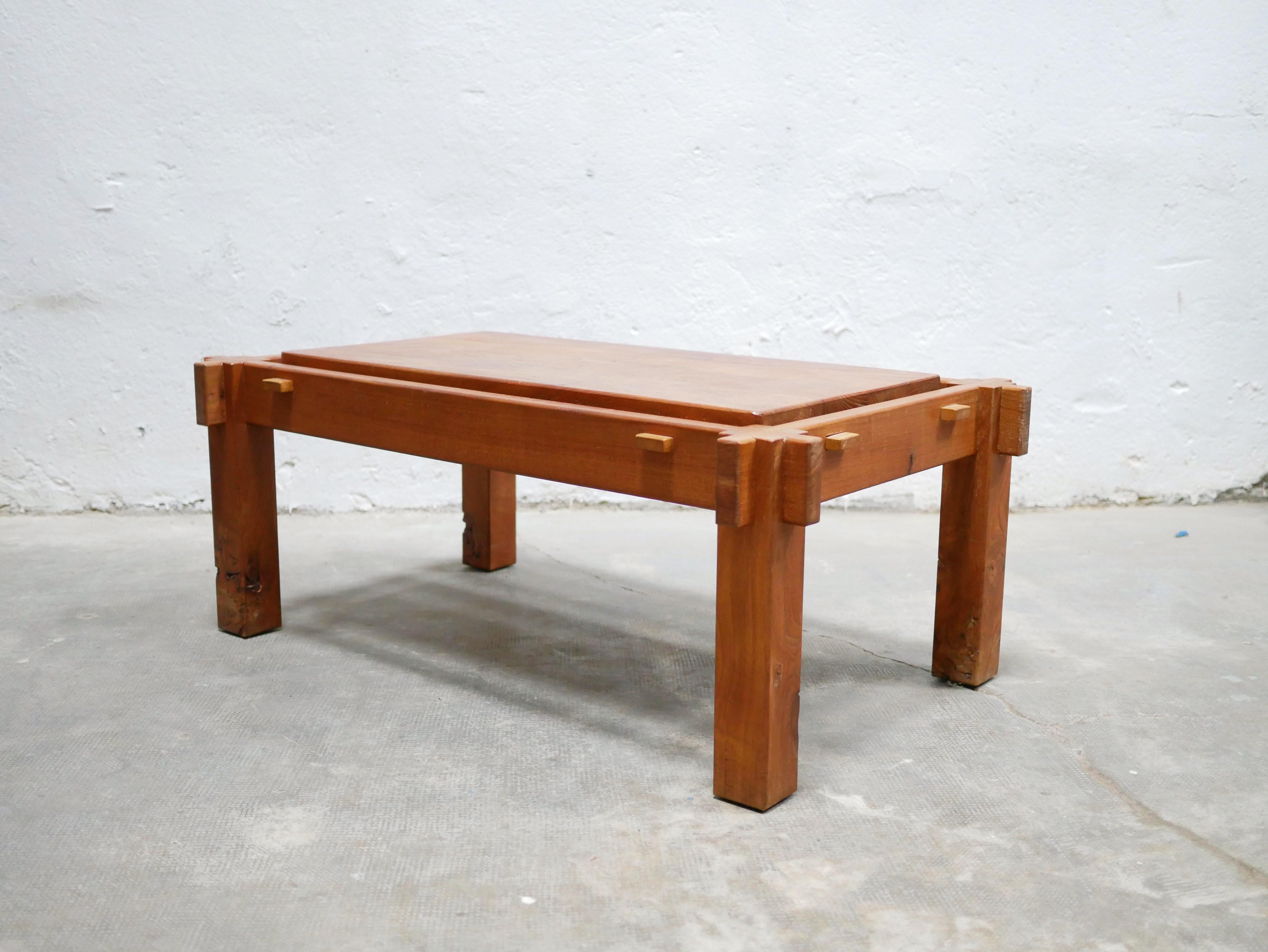 Wood Vintage Rectangular Coffee Table in Solid Elm For Sale