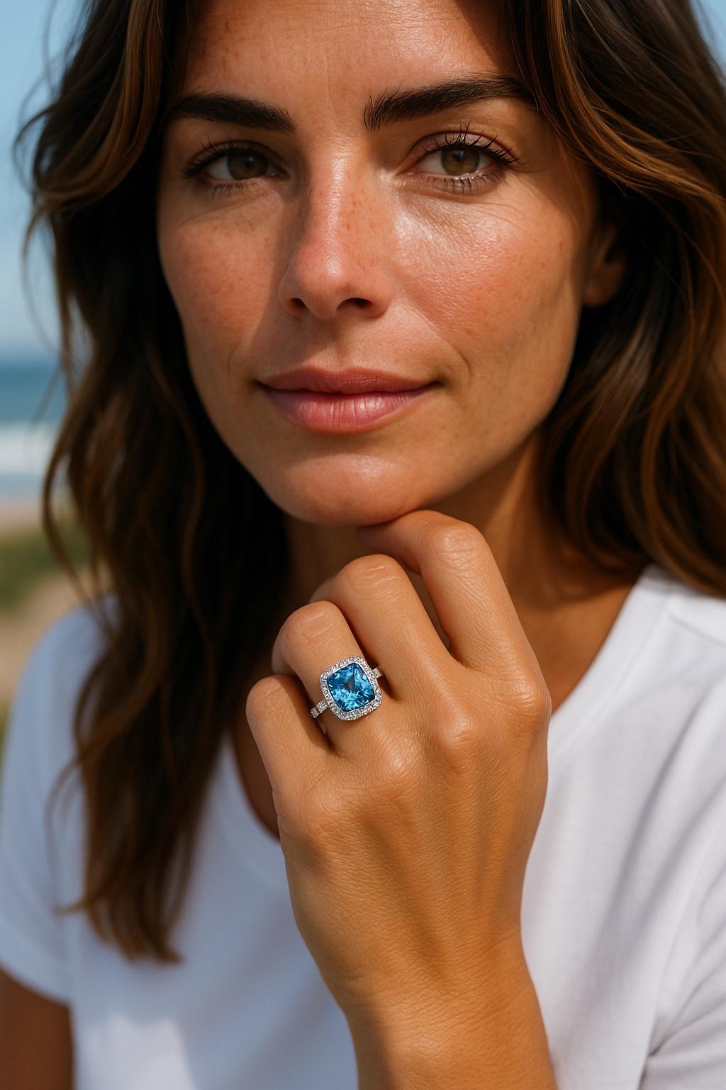 Modern Vintage Rectangular Cut Aquamarine and Platinum Ring with Pave Diamond Setting For Sale