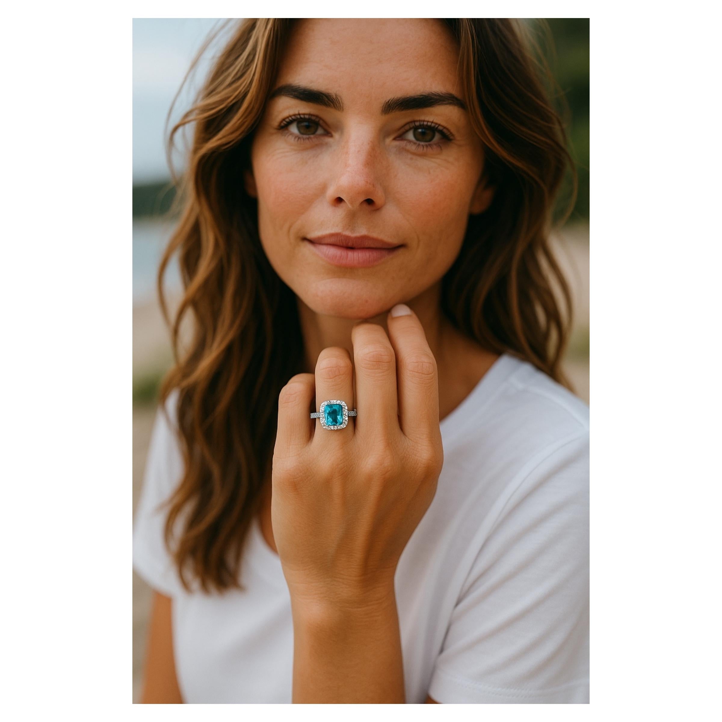 Women's Vintage Rectangular Cut Aquamarine and Platinum Ring with Pave Diamond Setting For Sale