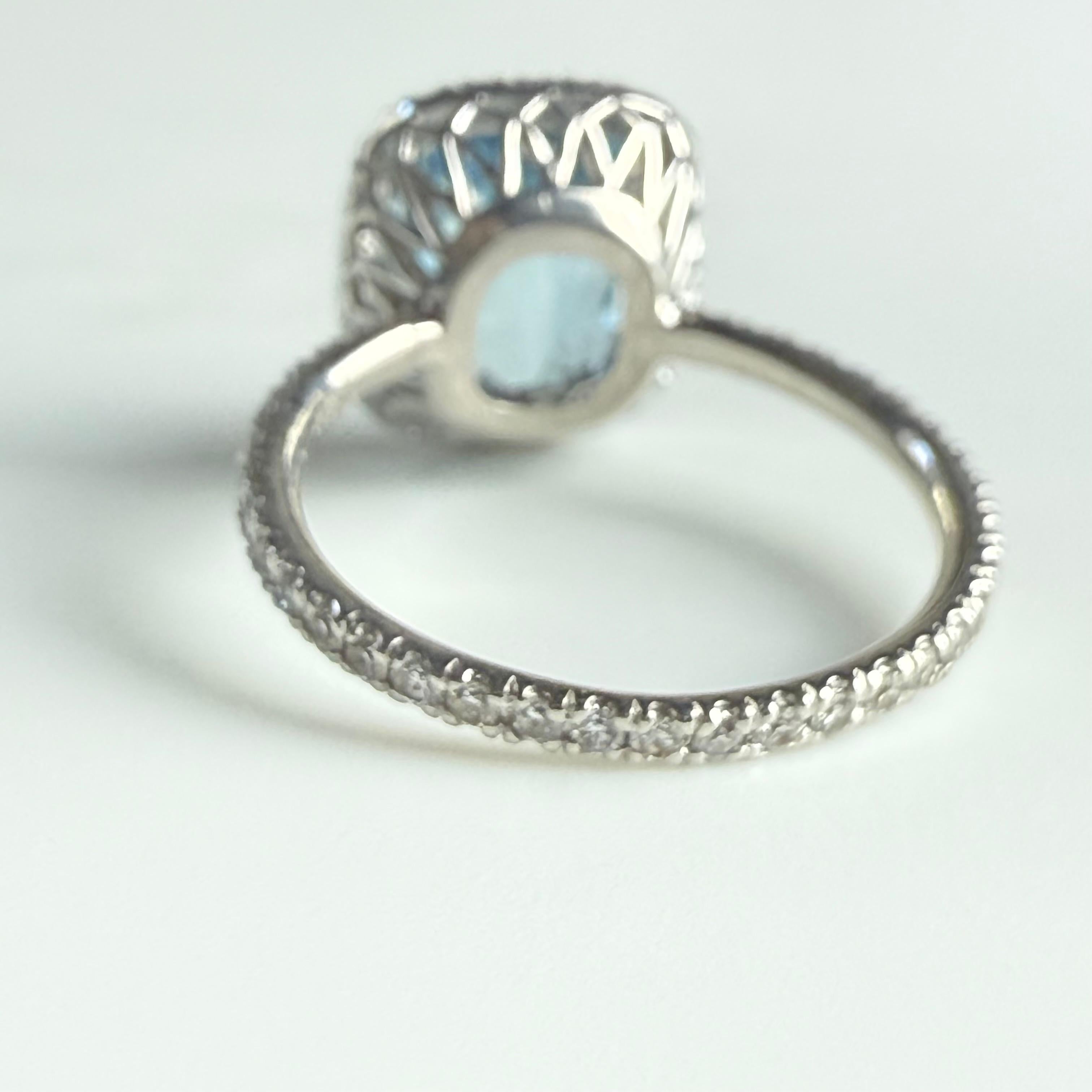 Antique Cushion Cut Vintage Rectangular Cut Aquamarine and Platinum Ring with Pave Diamond Setting For Sale