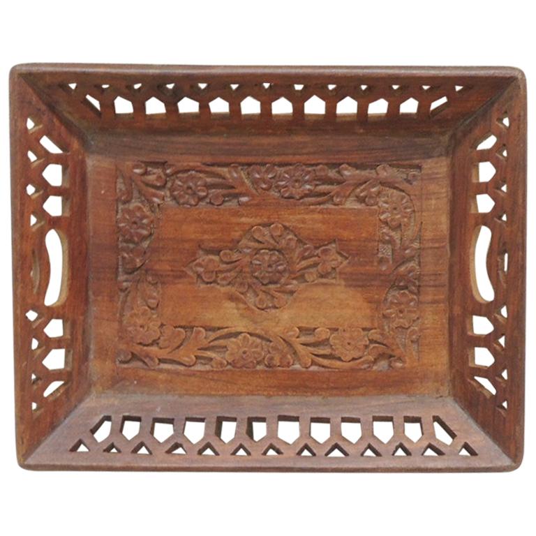 Vintage Rectangular Decorative Wooden Tray with Floral Pattern For Sale