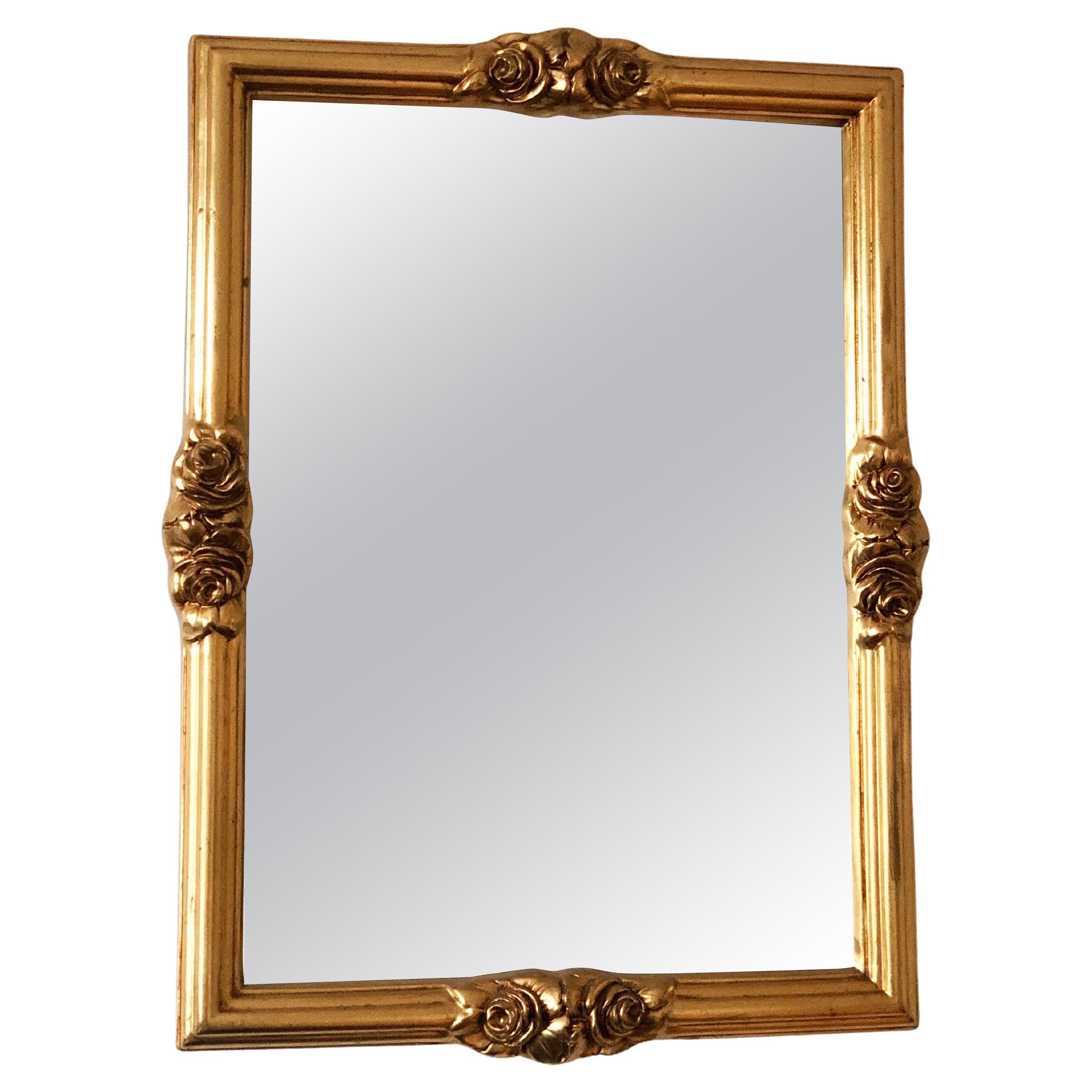 Vintage Rectangular Giltwood Bevelled Mirror with Rose Accents