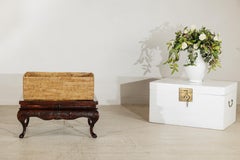 Vintage Rectangular Handwoven Rattan Basket with Wooden Side Handles