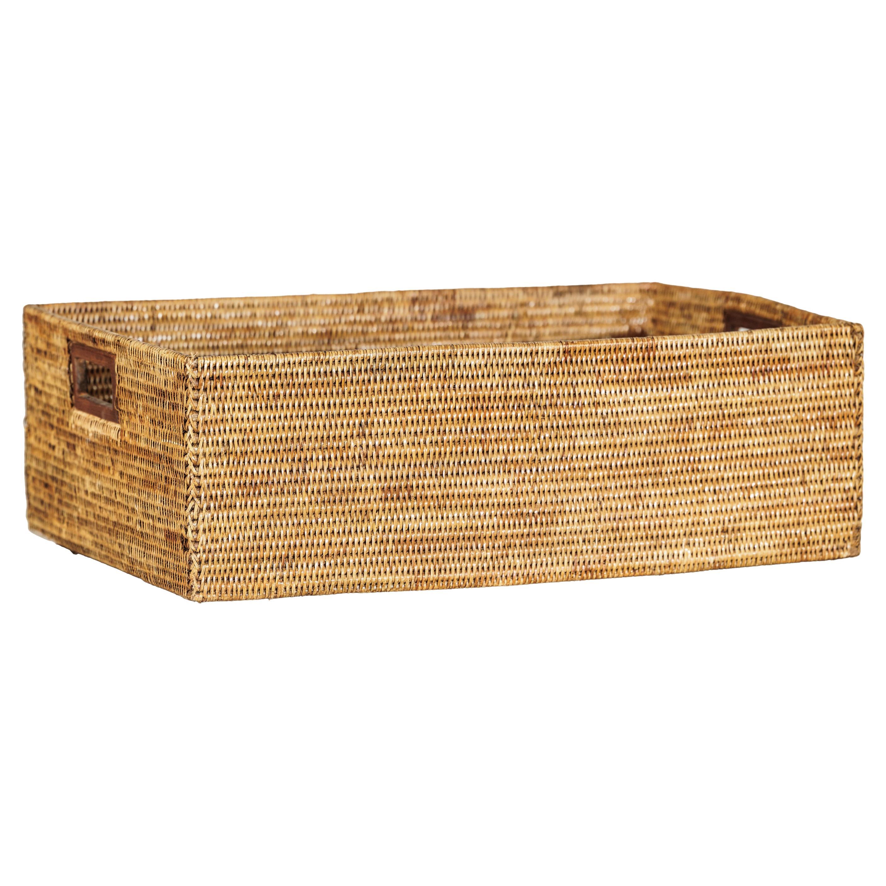Vintage Rectangular Handwoven Rattan Basket with Wooden Side Handles