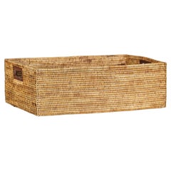 Vintage Rectangular Handwoven Rattan Basket with Wooden Side Handles