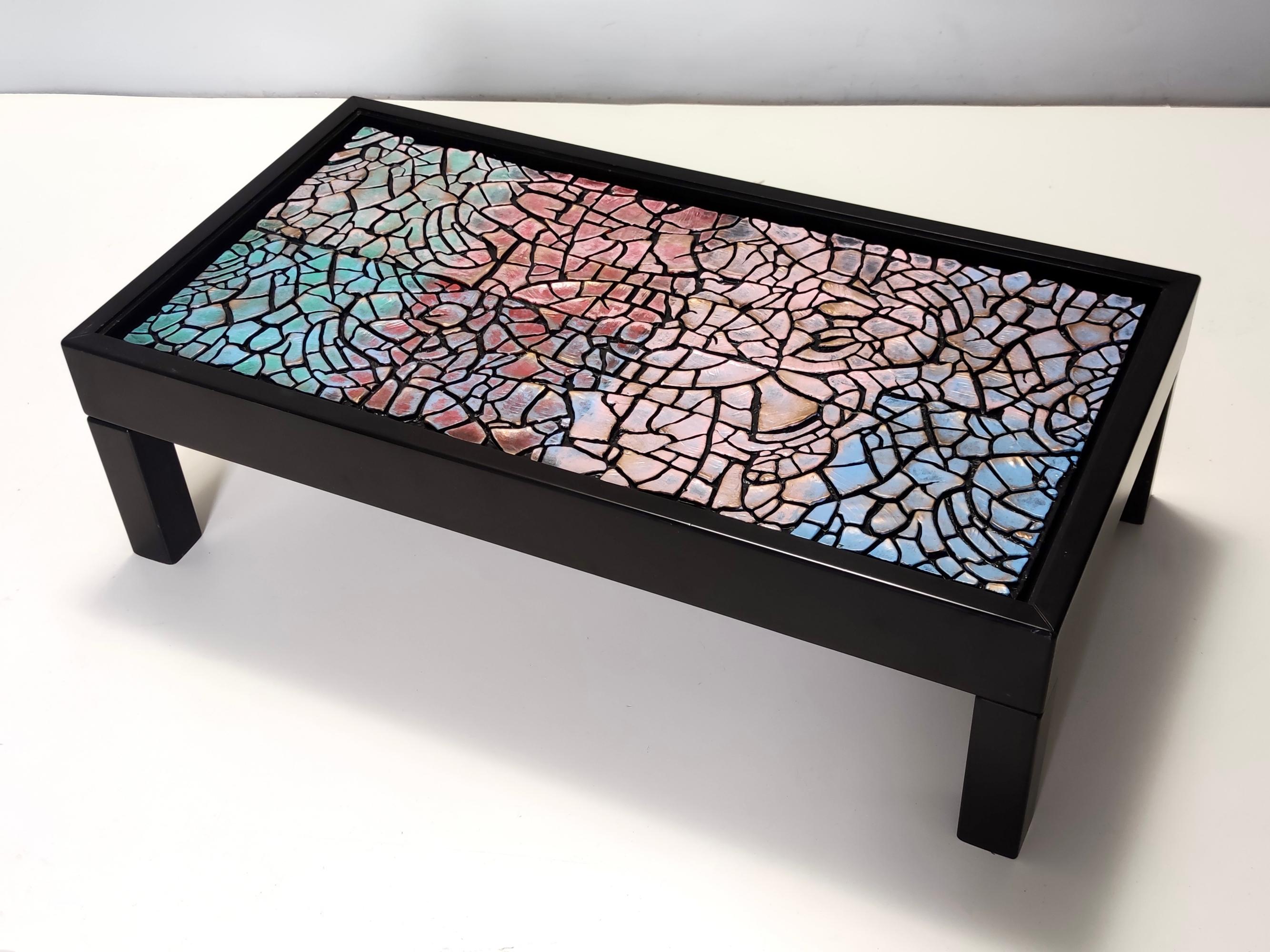 Post-Modern Vintage Rectangular Lacquered Beach Coffee Table with Colorful Plaster Relief For Sale