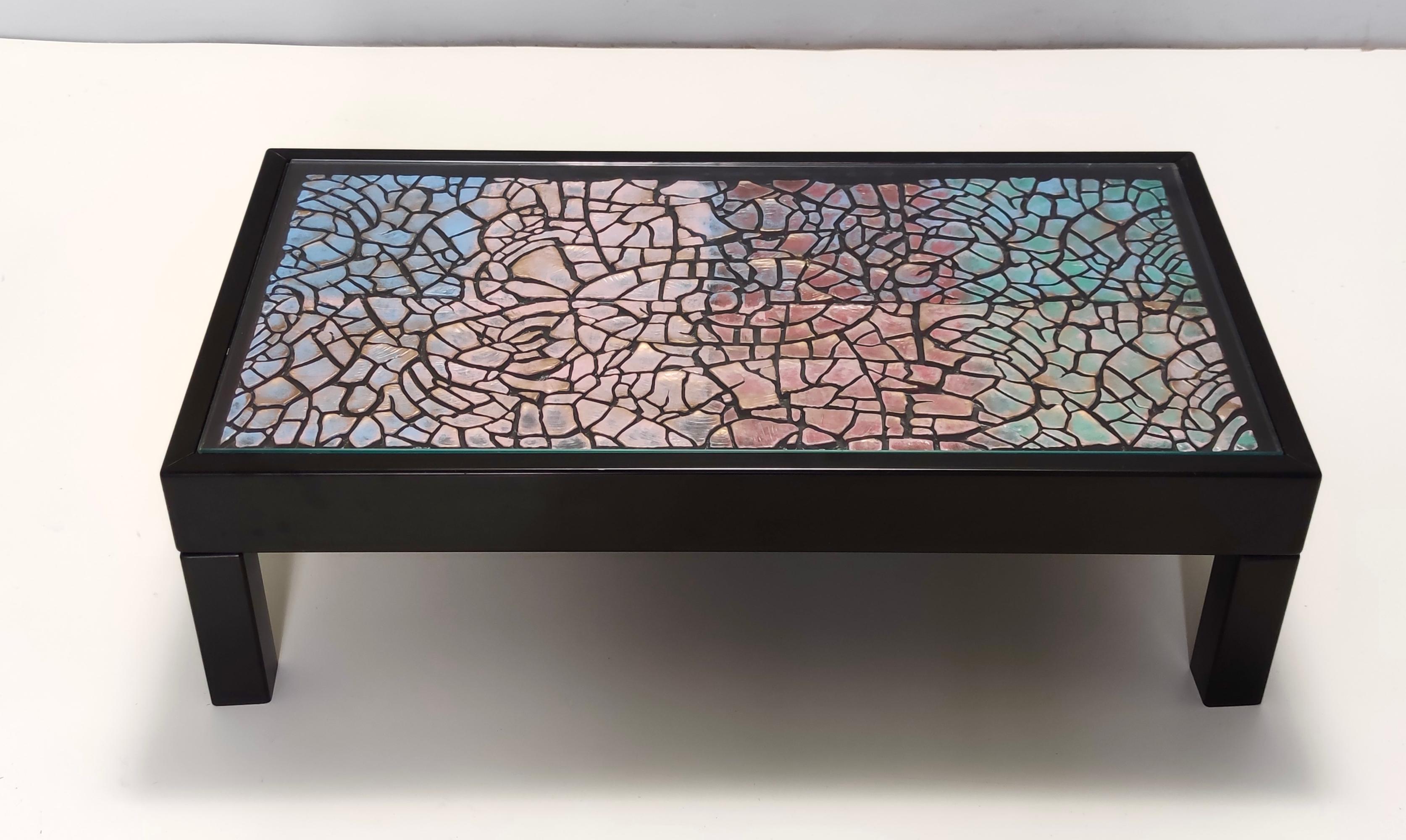 Italian Vintage Rectangular Lacquered Beach Coffee Table with Colorful Plaster Relief For Sale