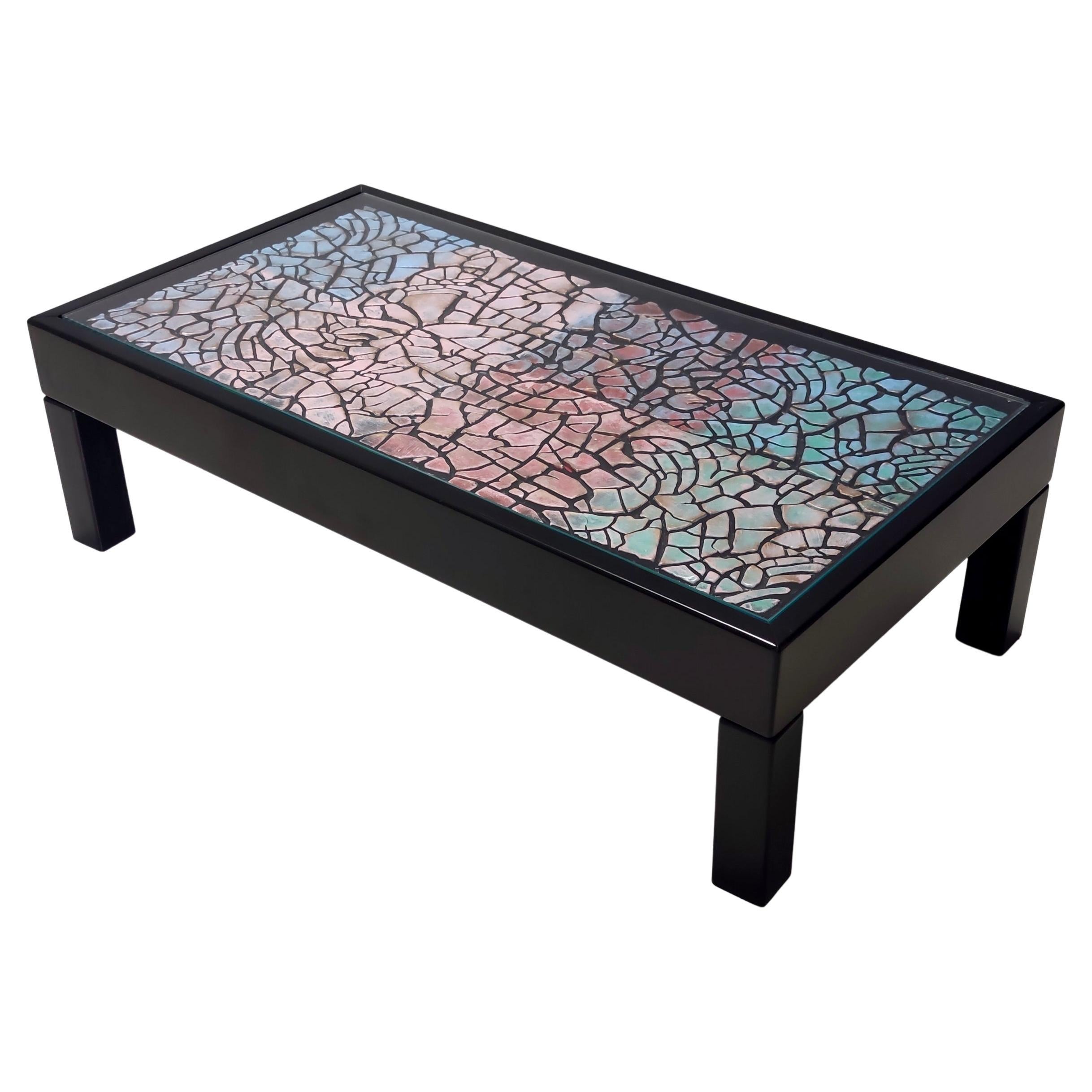 Vintage Rectangular Lacquered Beach Coffee Table with Colorful Plaster Relief For Sale
