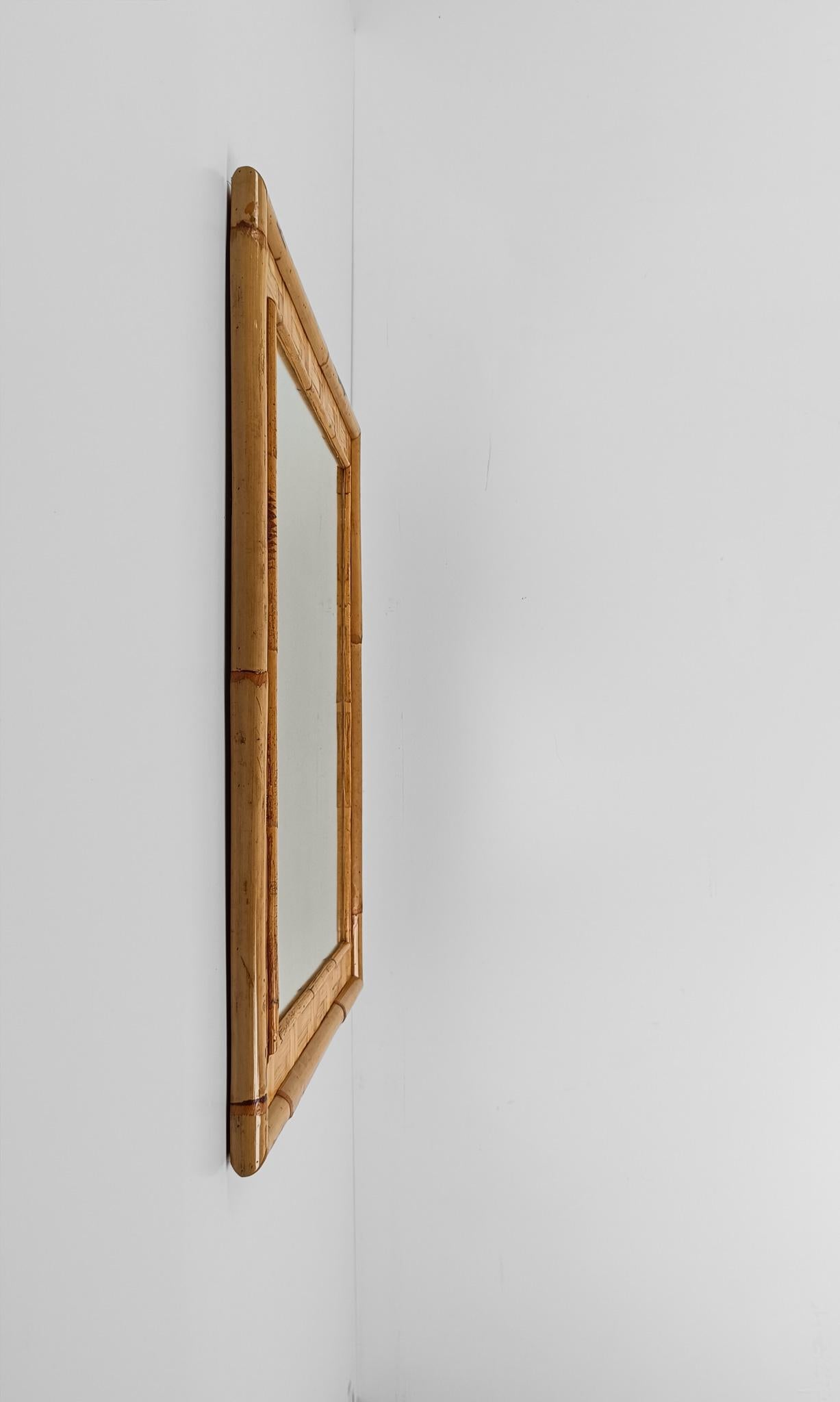 Vintage Rectangular Spiegel in Bambusrohr und Rattan Parketten, Italien 1970er im Angebot 8