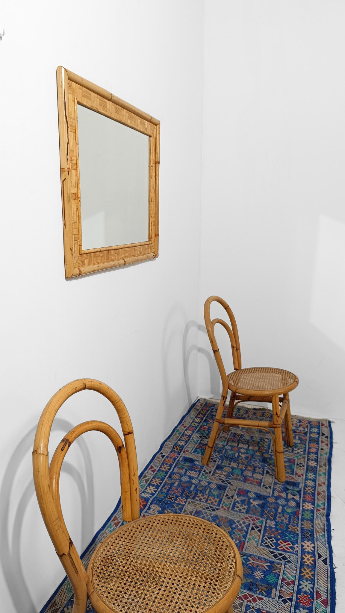 Vintage Rectangular Spiegel in Bambusrohr und Rattan Parketten, Italien 1970er (Italienisch) im Angebot