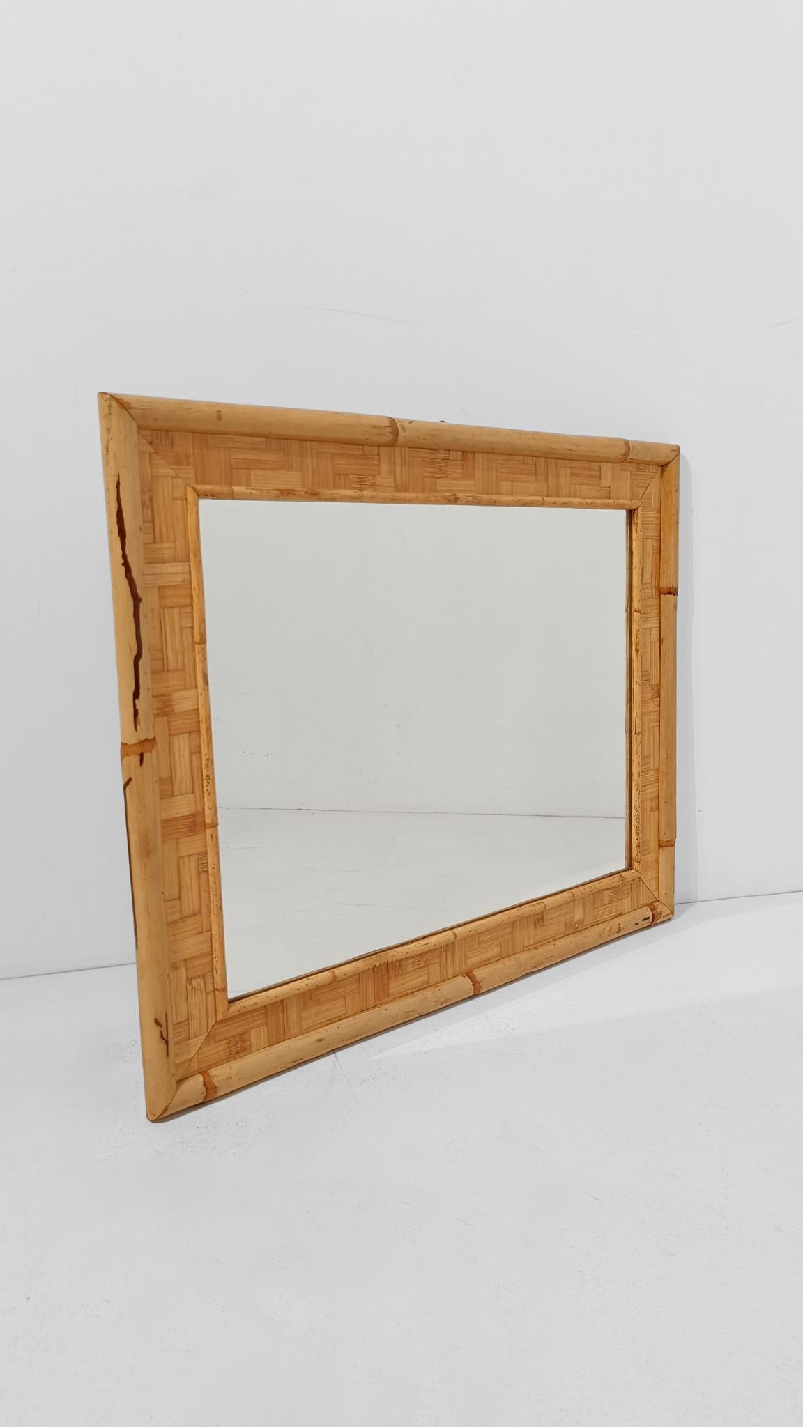 Vintage Rectangular Spiegel in Bambusrohr und Rattan Parketten, Italien 1970er im Angebot 1