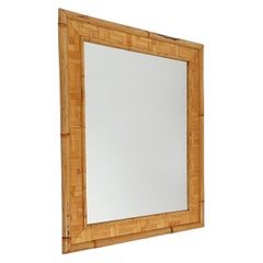 Vintage Rectangular Mirror in Bamboo Cane and Rattan Parquets, Italy 1970s