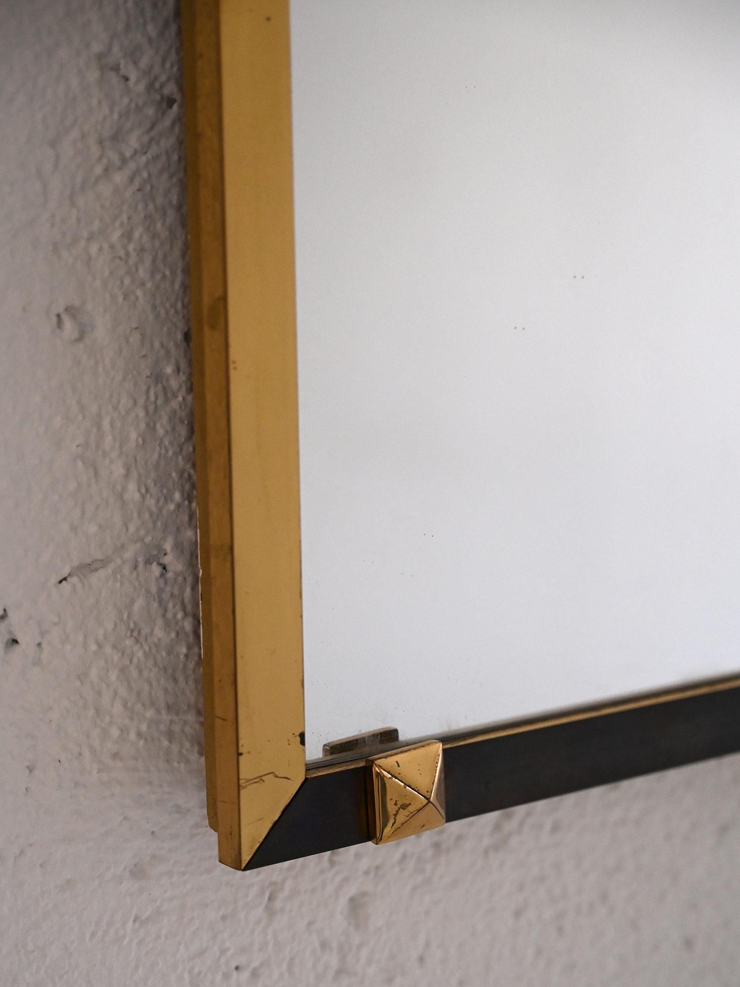 Scandinavian Vintage rectangular mirror with gold and black metal frame For Sale