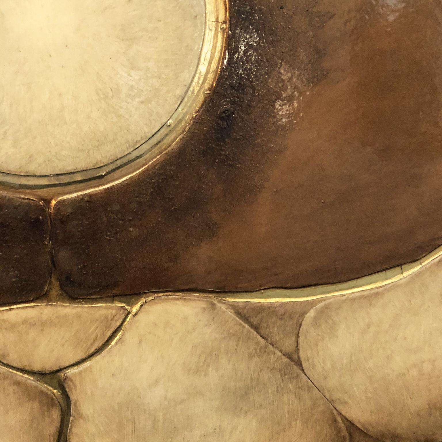 Rectangular mixed-media abstract on board in earth tones and gold by John Kiraly, 1970s, USA.
         