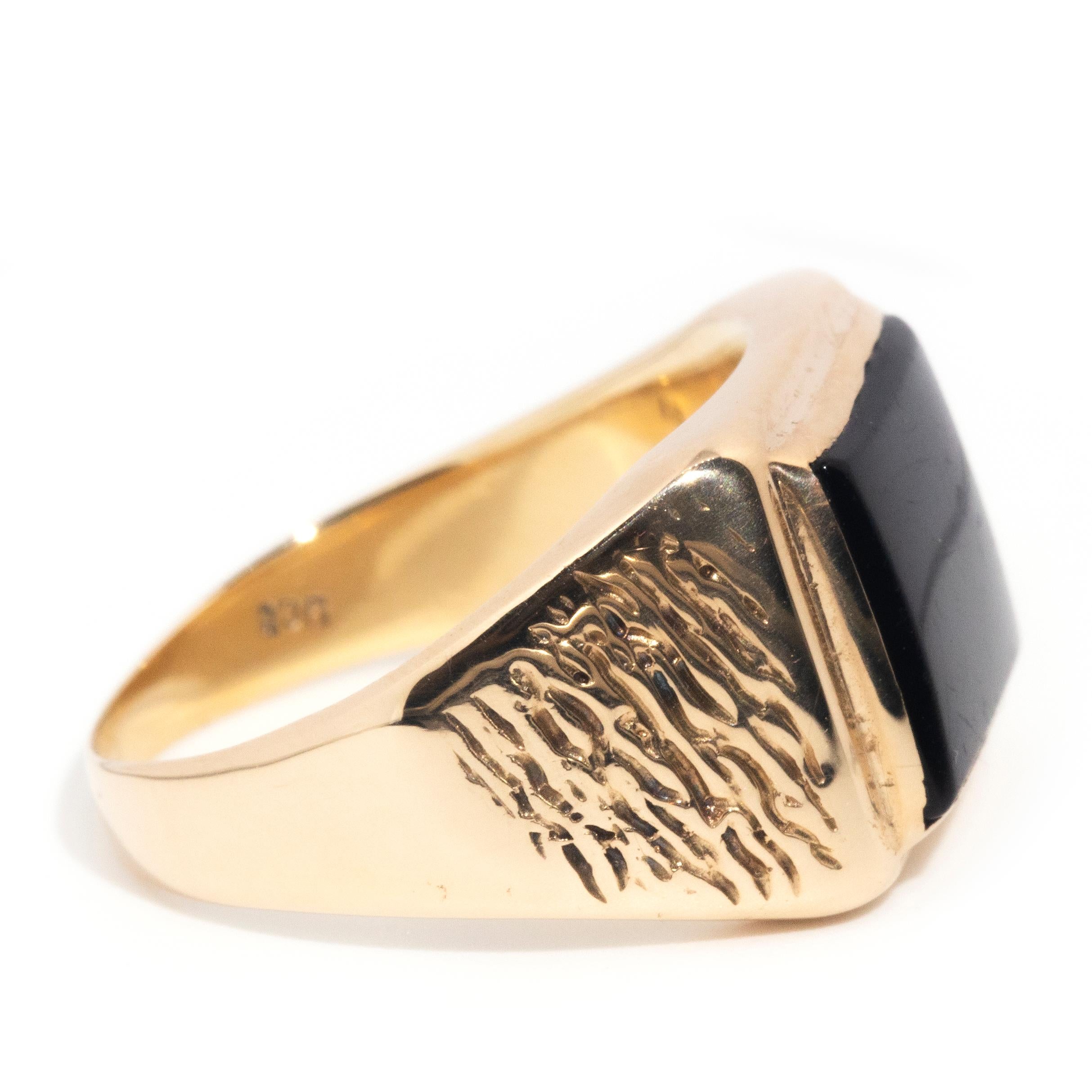 Square Cut Vintage Rectangular Onyx 9 Carat Gold Men's Textured Flat Top Men's Signet Ring