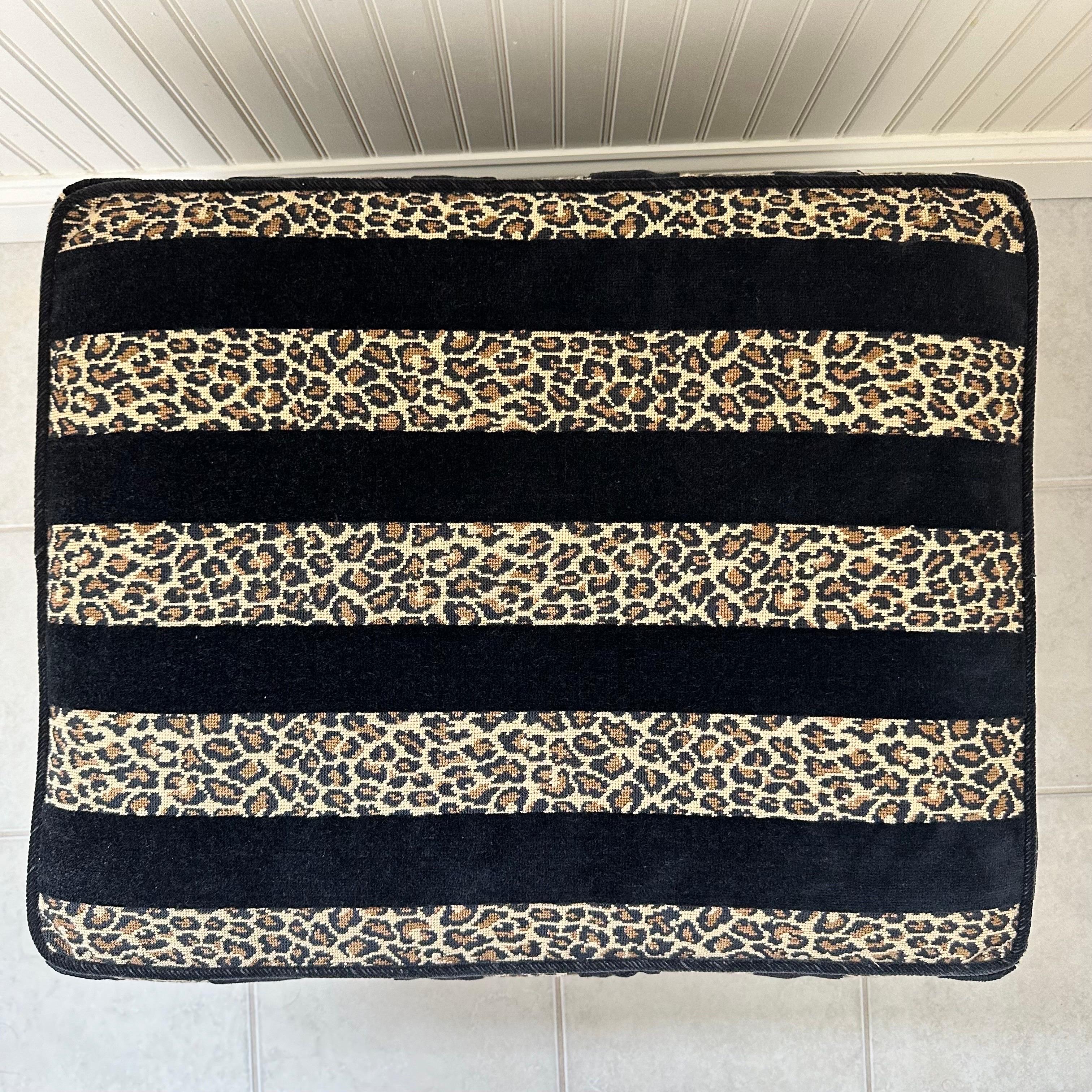 Vintage Rectangular Ottoman with Black Leopard Print Stripe Velvet and Fringe For Sale 4