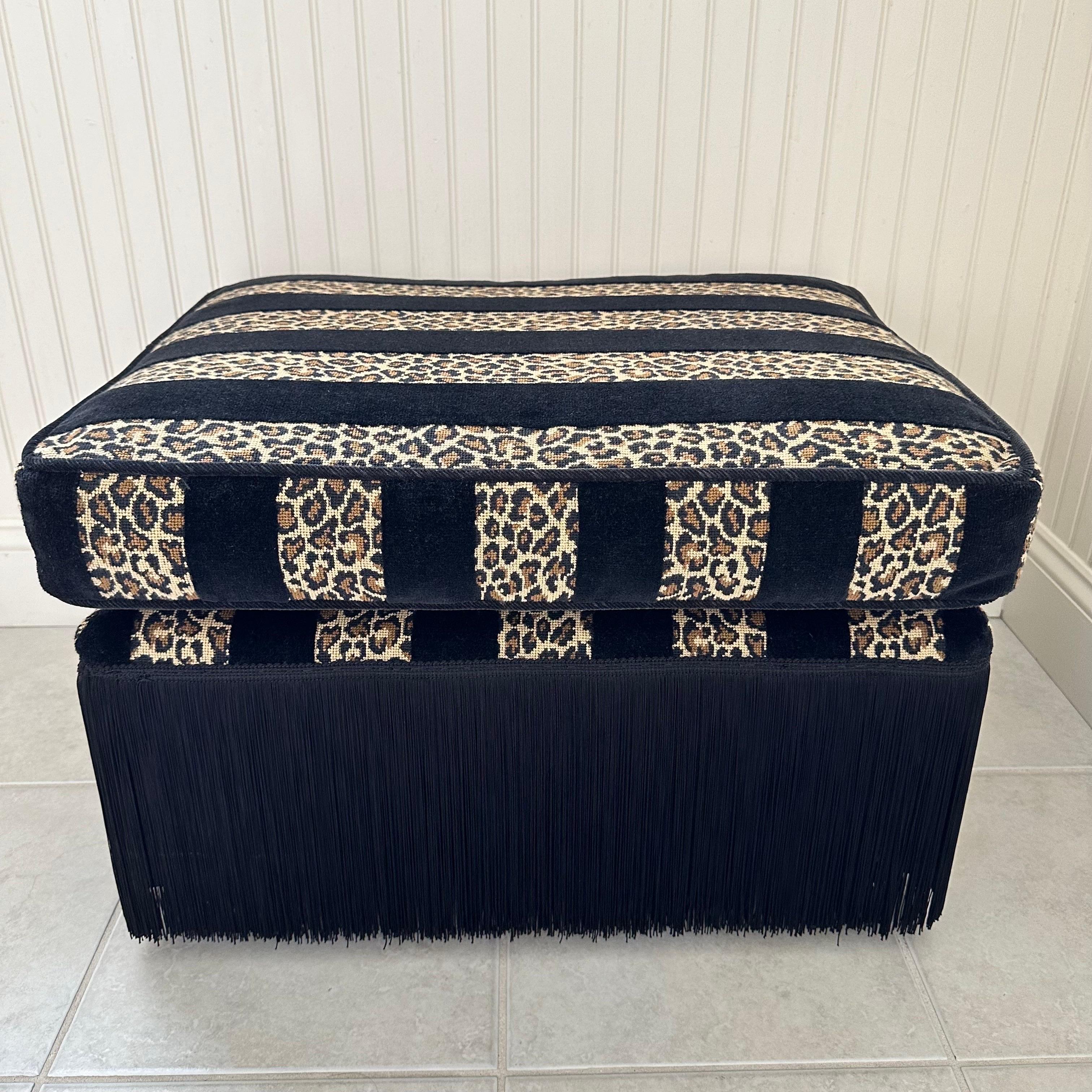 Vintage rectangular ottoman with new leopard or cheetah animal print and black stripe velvet and fringe. Brand new upholstery featuring Schumacher’s Guepard Stripe Black fabric designed by Timothy Corrigan - a woven velvet with alternating bands of