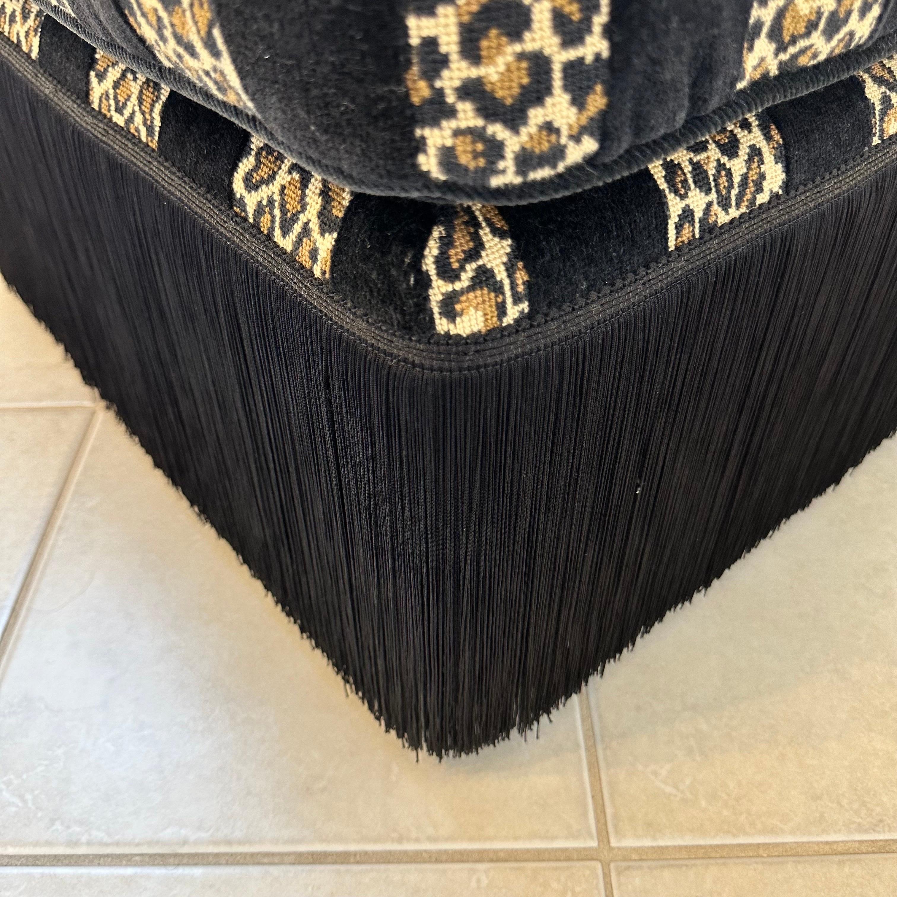American Vintage Rectangular Ottoman with Black Leopard Print Stripe Velvet and Fringe For Sale