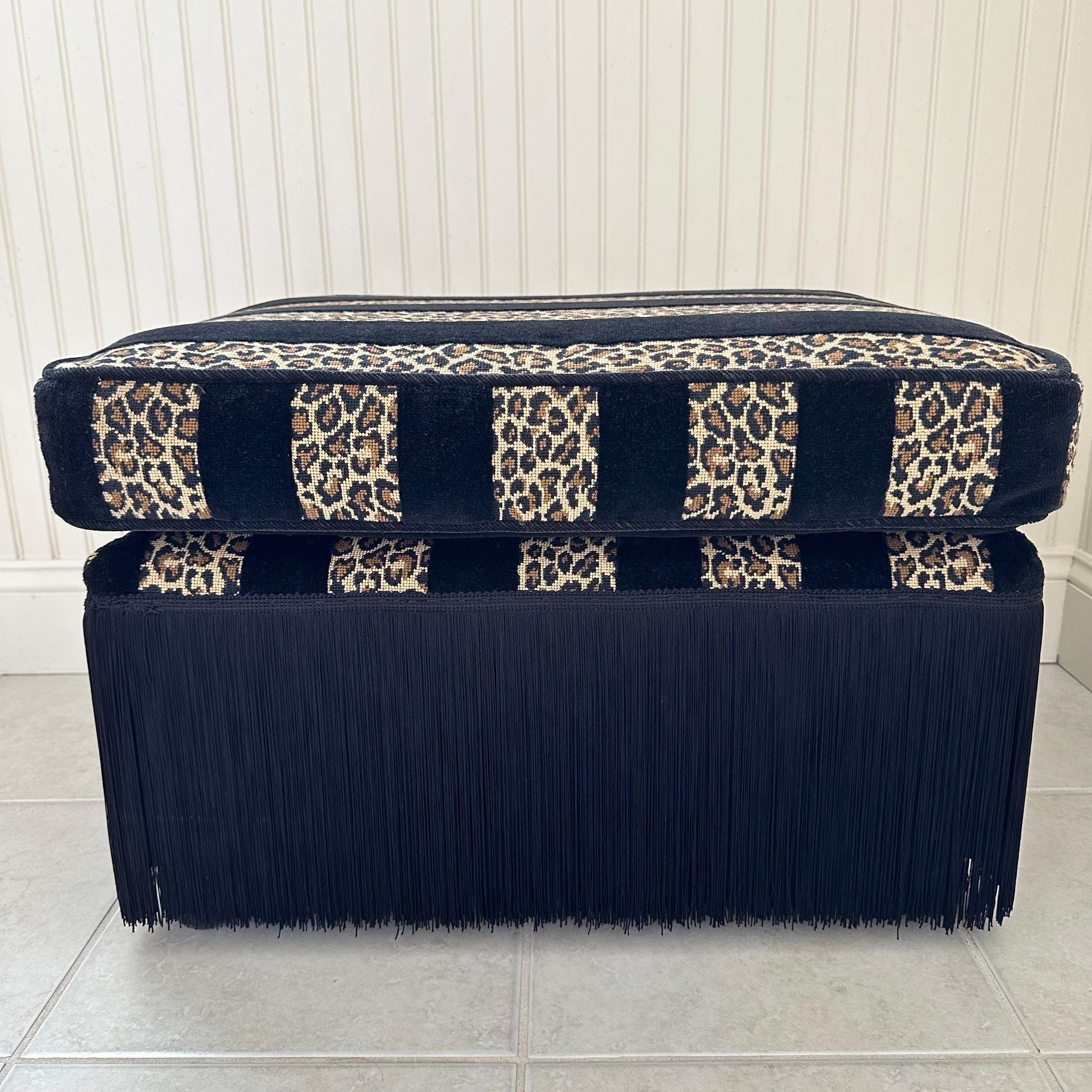 Vintage Rectangular Ottoman with Black Leopard Print Stripe Velvet and Fringe In Good Condition For Sale In Amityville, NY