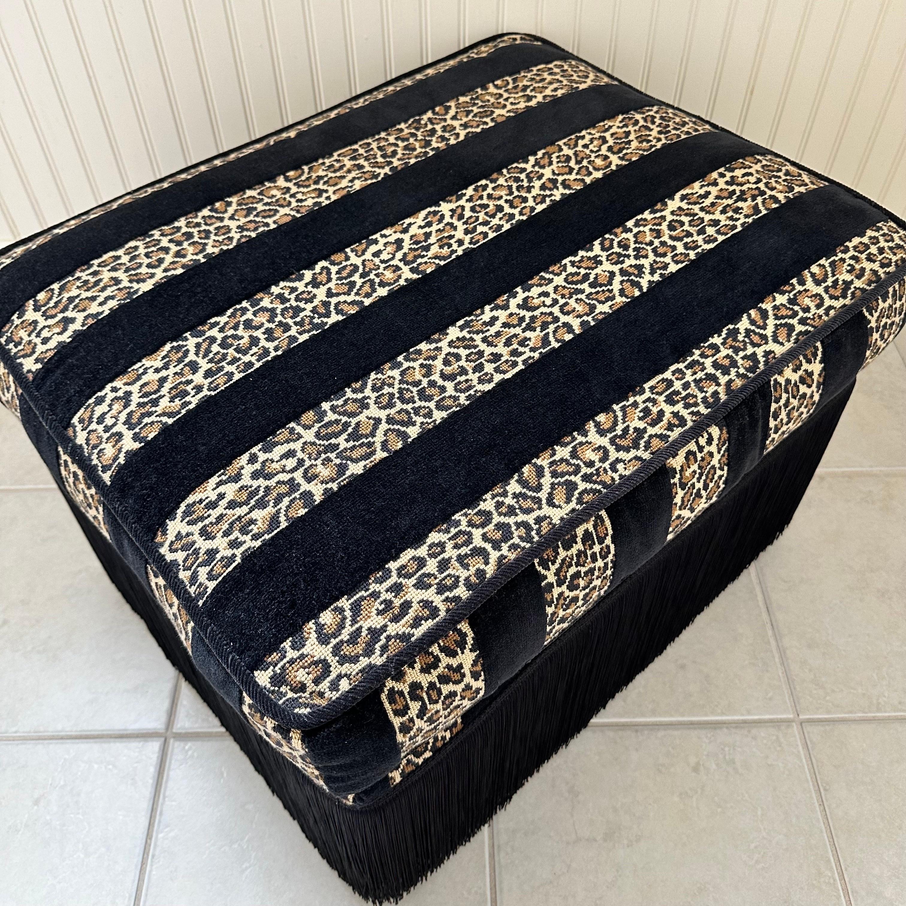 Late 20th Century Vintage Rectangular Ottoman with Black Leopard Print Stripe Velvet and Fringe For Sale