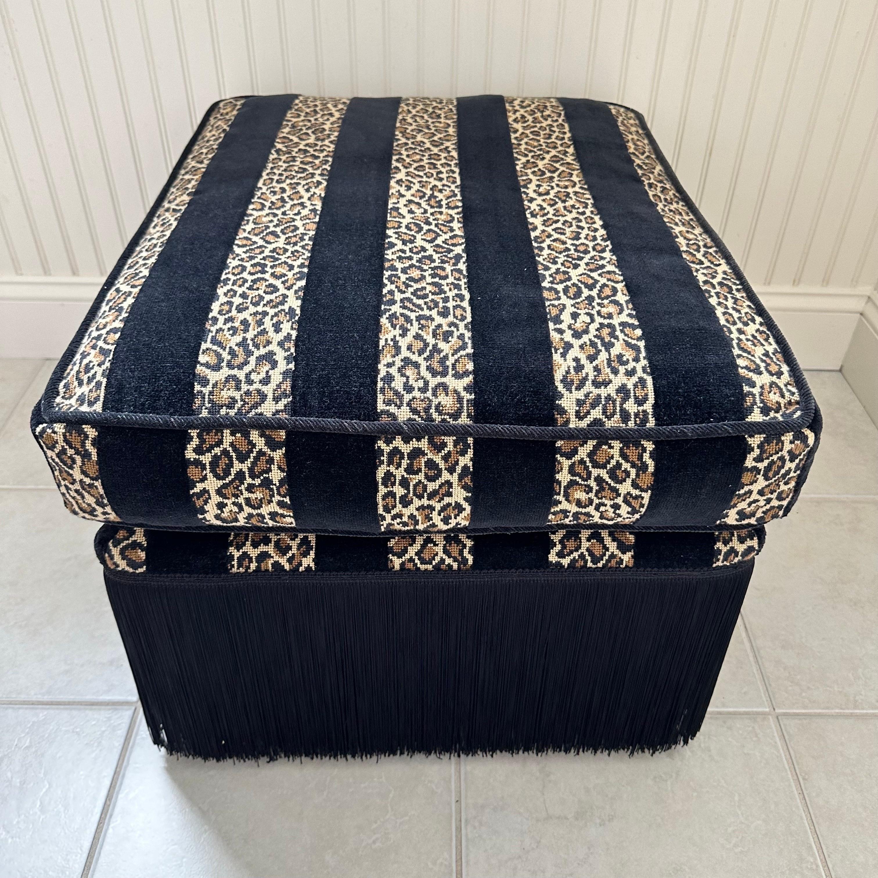 Vintage Rectangular Ottoman with Black Leopard Print Stripe Velvet and Fringe For Sale 1