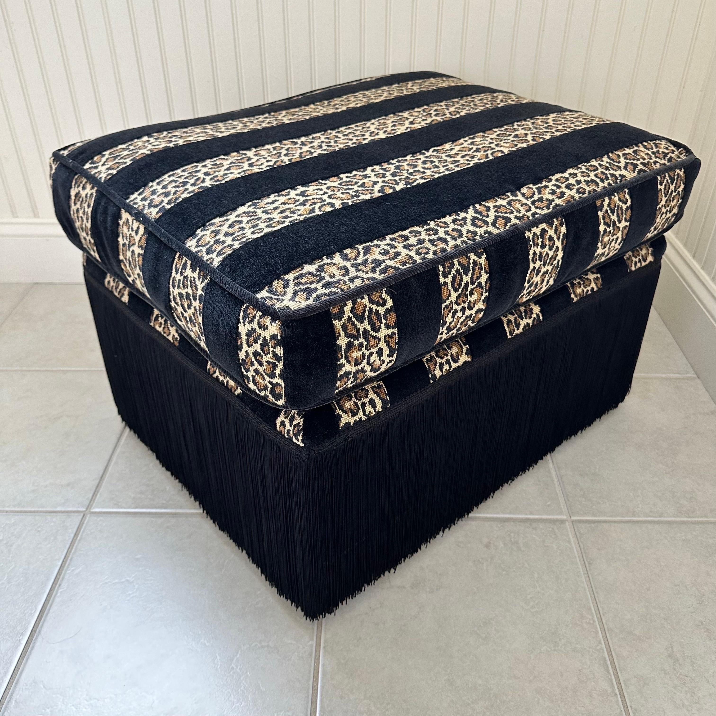 Vintage Rectangular Ottoman with Black Leopard Print Stripe Velvet and Fringe For Sale 2