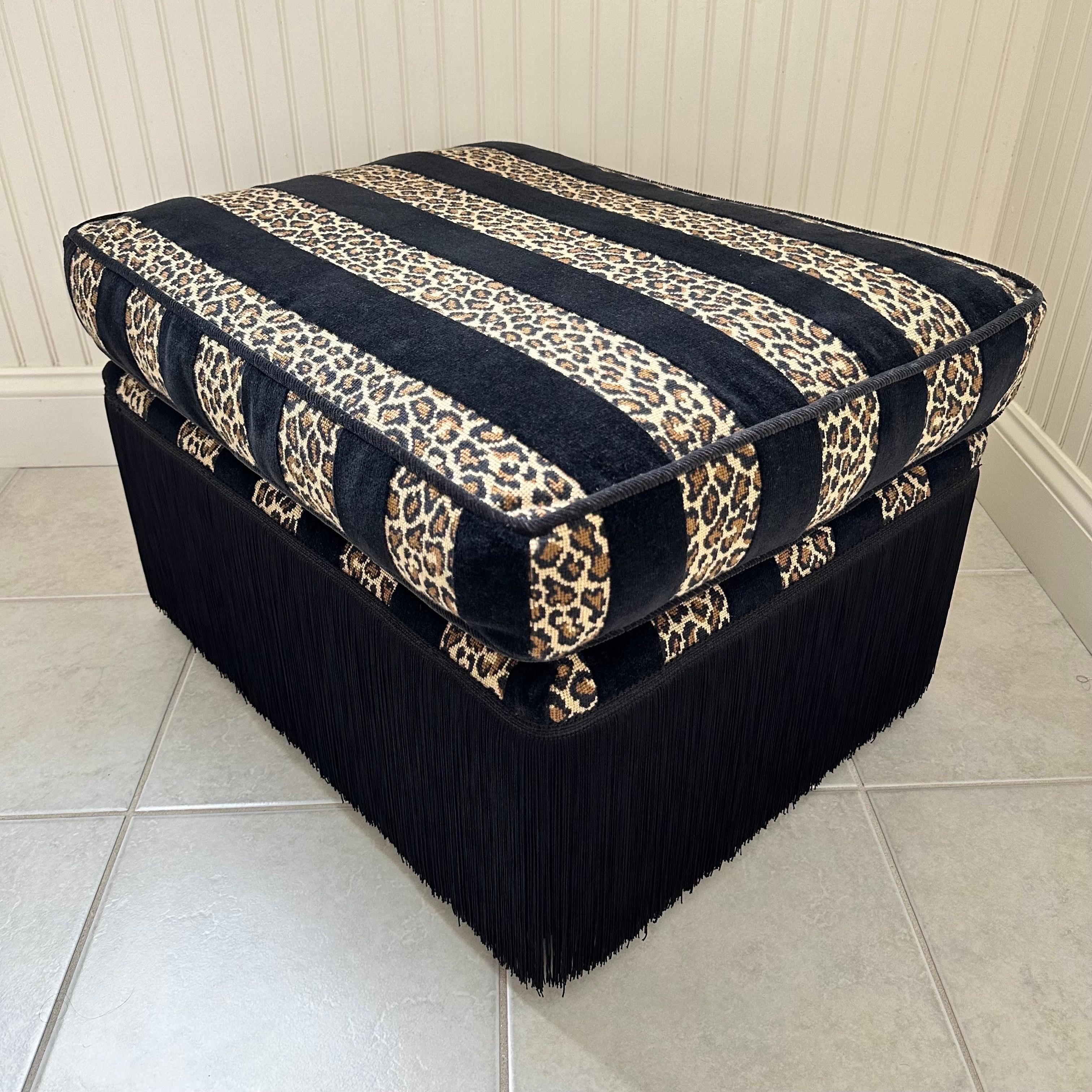 Vintage Rectangular Ottoman with Black Leopard Print Stripe Velvet and Fringe For Sale 3