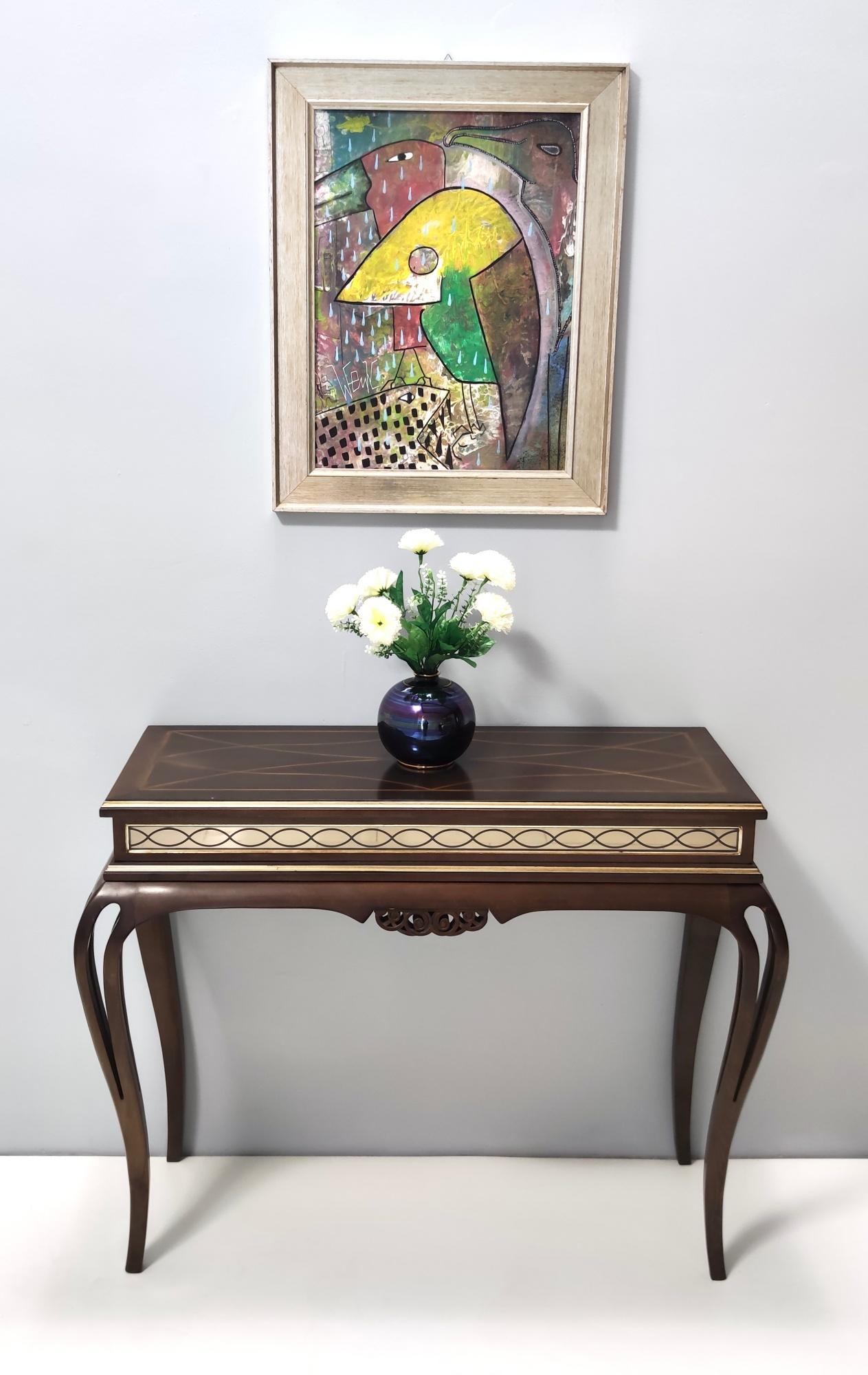 Art Deco Vintage Rectangular Solid Walnut Console Table with Engraved Mirror Motif, Italy For Sale