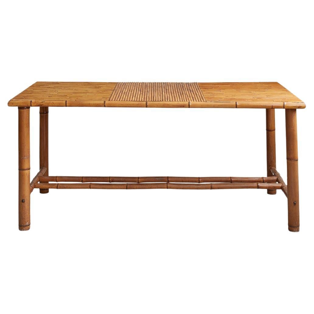 Vintage Rectangular Table in Bamboo with Brass Details, France, 1960's