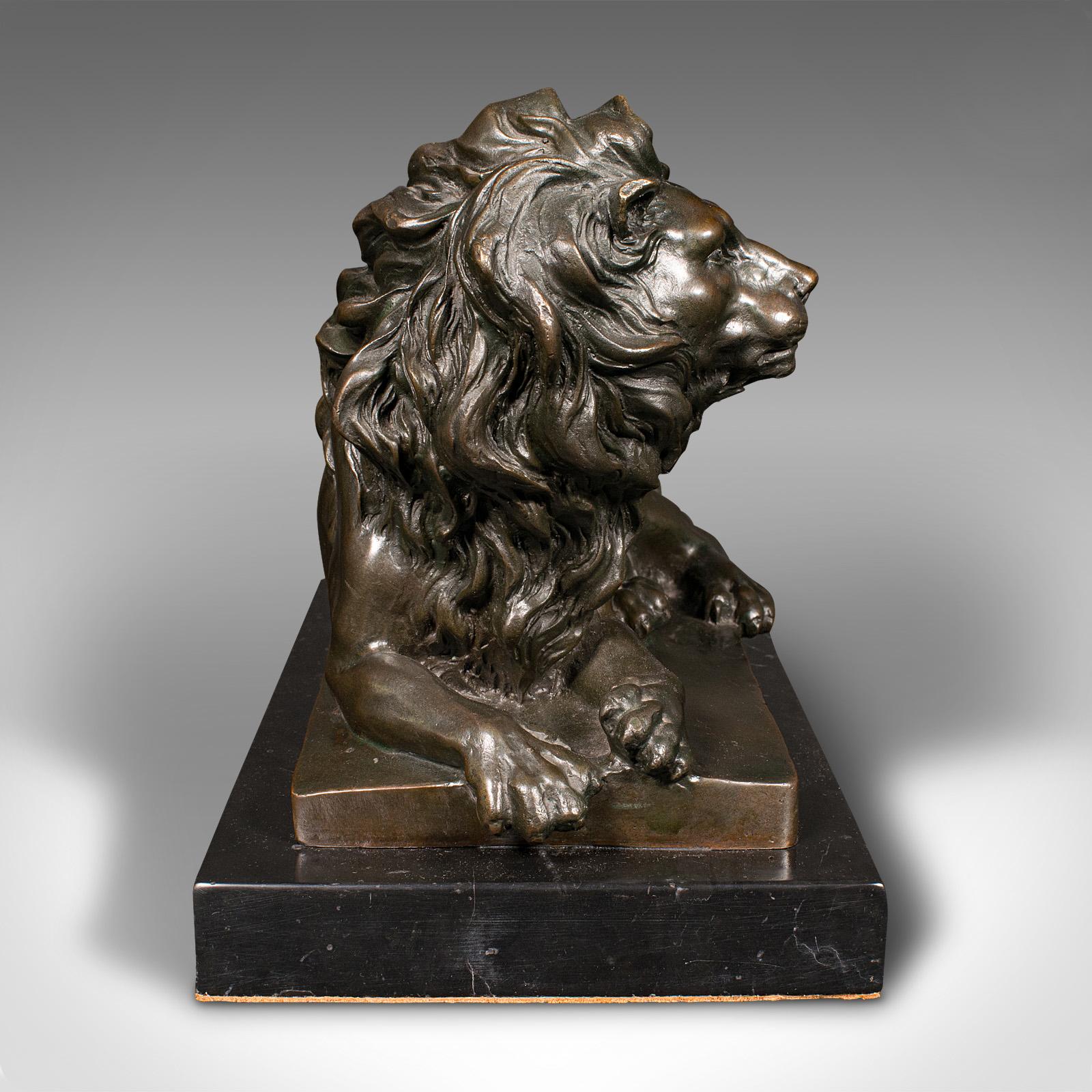 European Vintage Recumbent Lion Figure, Continental, Bronze Animal Sculpture, After Barye For Sale
