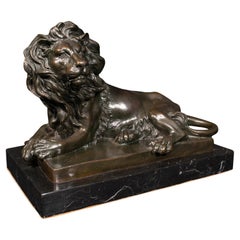 Antique Recumbent Lion Figure, Continental, Bronze Animal Sculpture, After Barye