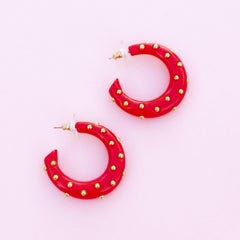 Vintage Red Acrylic Gold Studded Chunky Hoop Earrings By Kenneth Jay Lane, 1970s