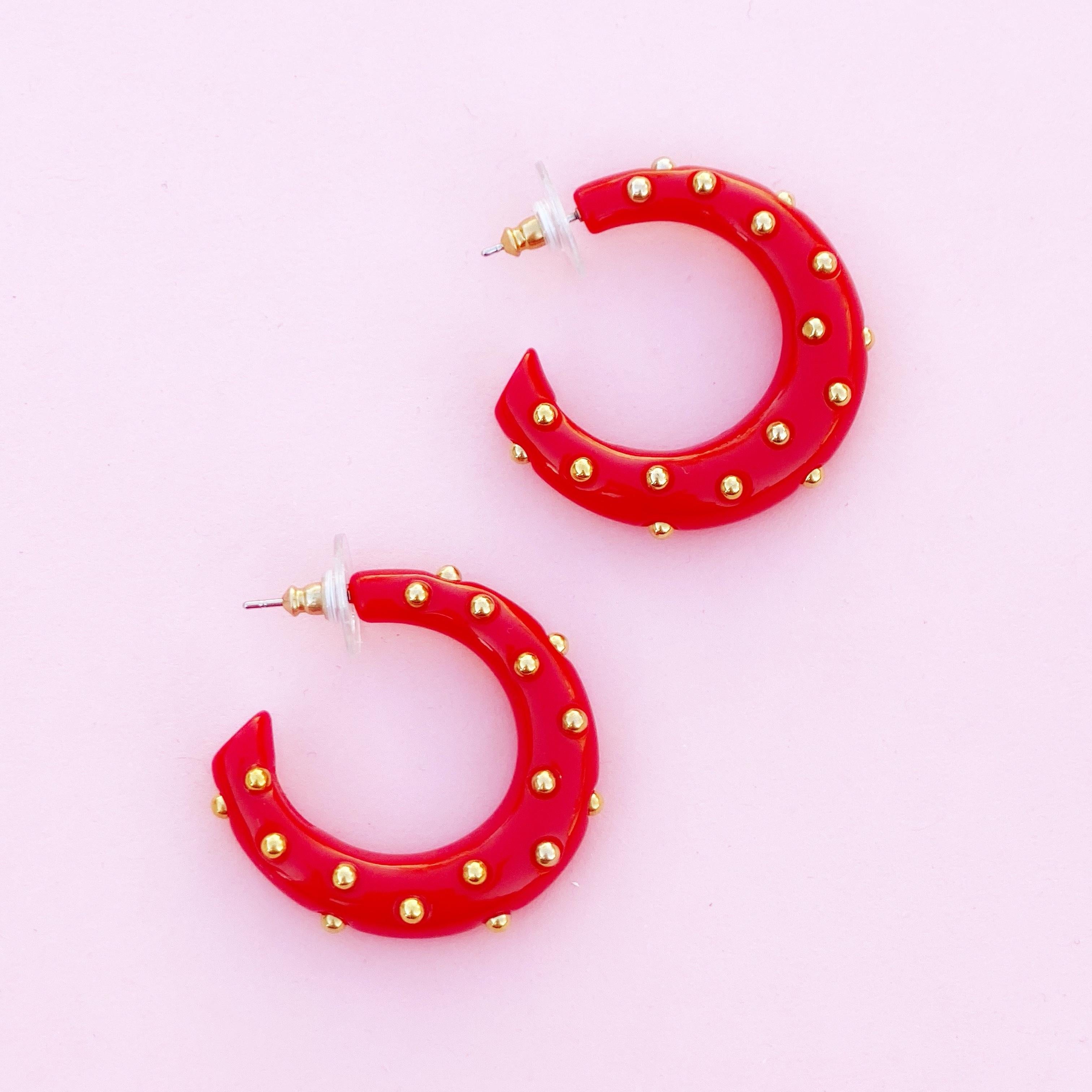 Modern Vintage Red Acrylic Gold Studded Chunky Hoop Earrings By Kenneth Jay Lane, 1970s