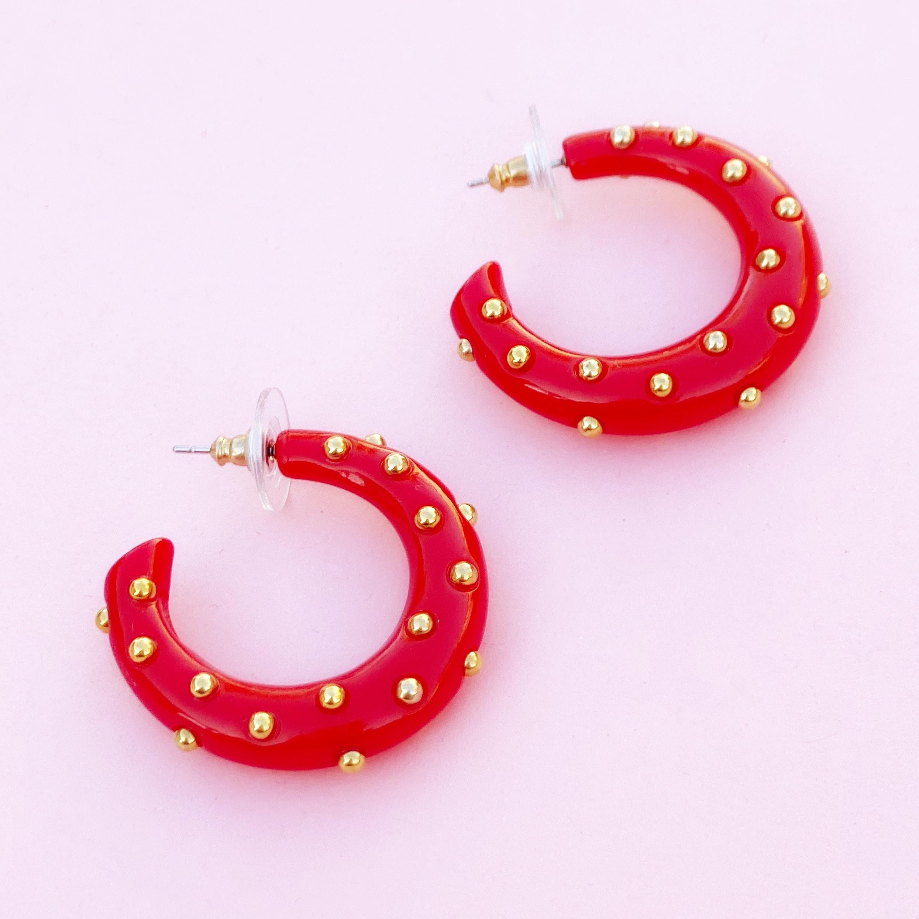 Vintage Red Acrylic Gold Studded Chunky Hoop Earrings By Kenneth Jay Lane, 1970s In Excellent Condition In McKinney, TX