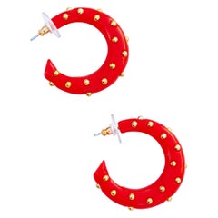 Vintage Red Acrylic Gold Studded Chunky Hoop Earrings By Kenneth Jay Lane, 1970s