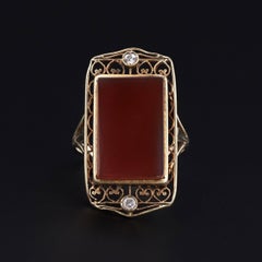Vintage Red Agate and Diamond Filigree Ring of 14k Gold