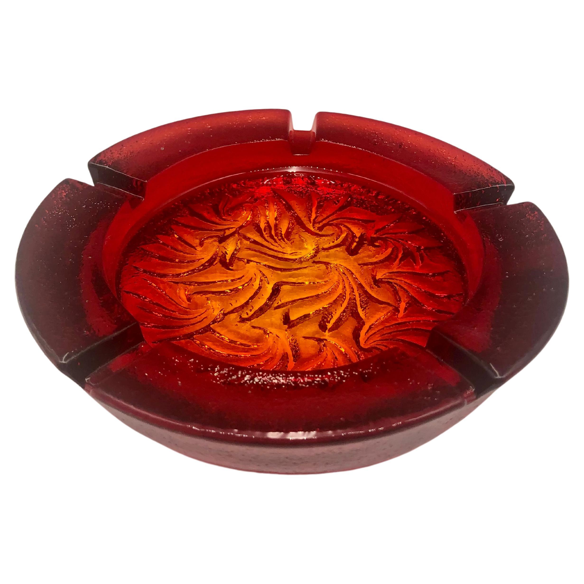 Vintage Red Amberina Blenko Fauna Glass Ashtray For Sale