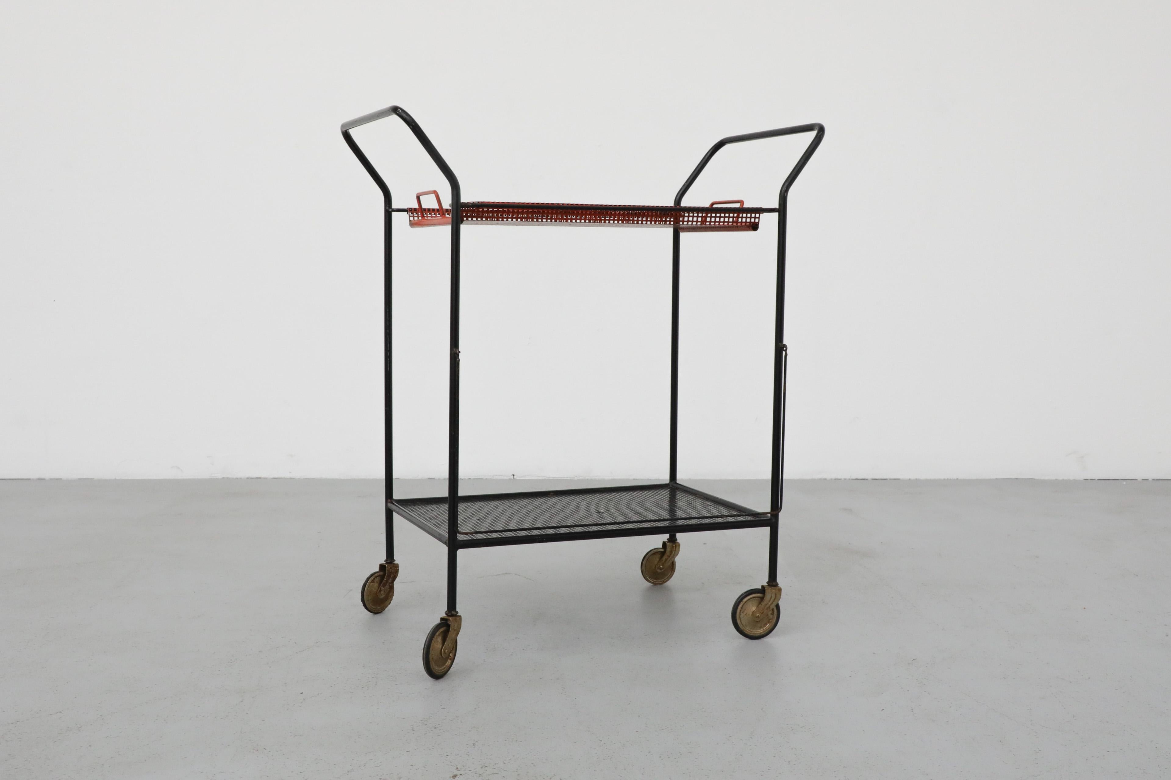Vintage Red and Black Pilastro Perforated Enameled Metal Tea Trolley / Bar Cart 4