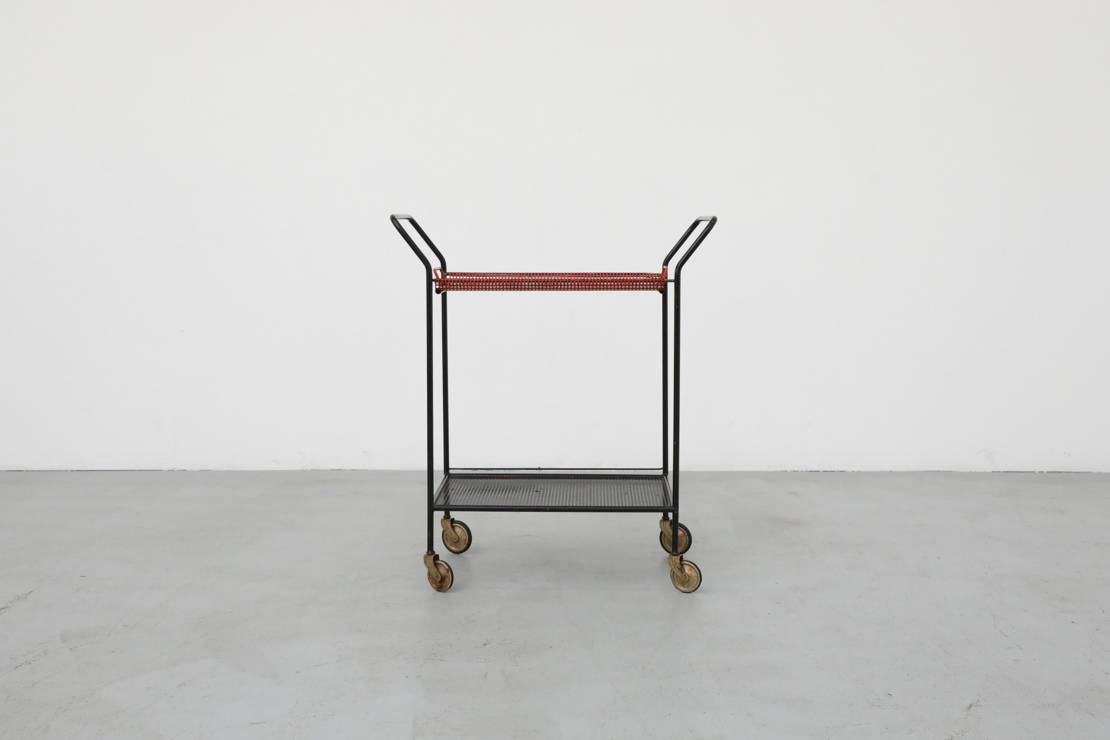 Mid-Century Modern Vintage Red and Black Pilastro Perforated Enameled Metal Tea Trolley / Bar Cart