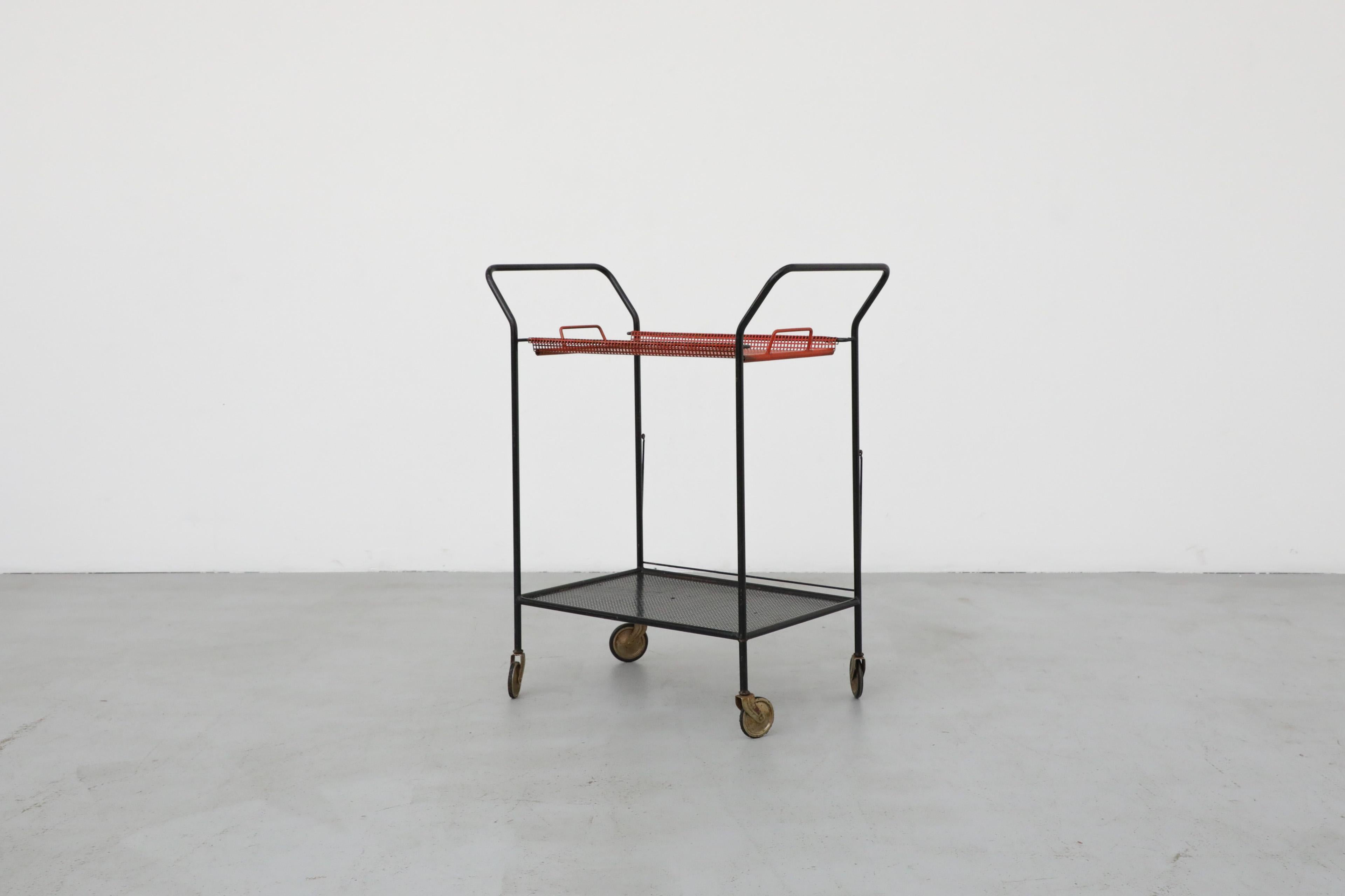 Dutch Vintage Red and Black Pilastro Perforated Enameled Metal Tea Trolley / Bar Cart