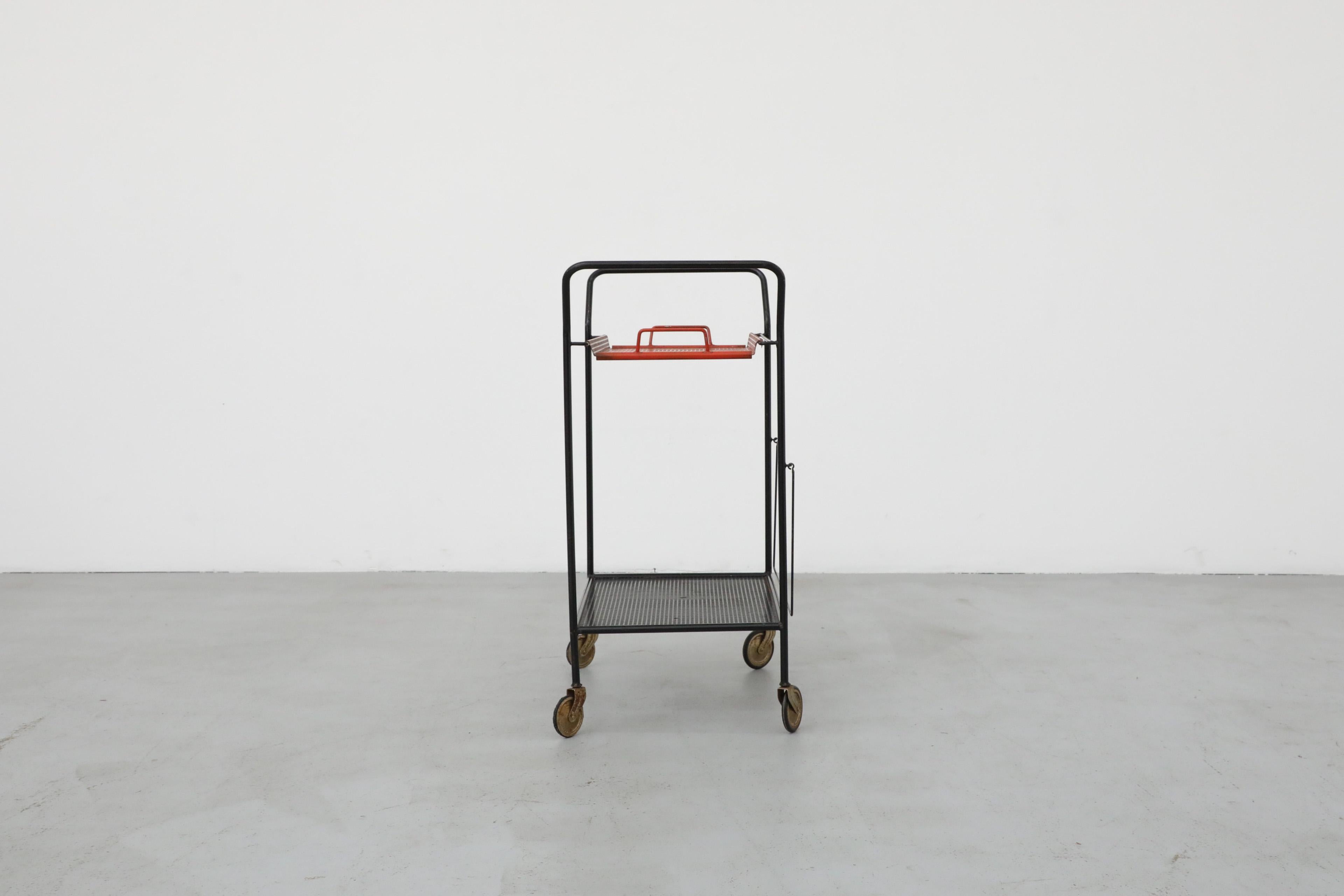 Vintage Red and Black Pilastro Perforated Enameled Metal Tea Trolley / Bar Cart In Good Condition In Los Angeles, CA