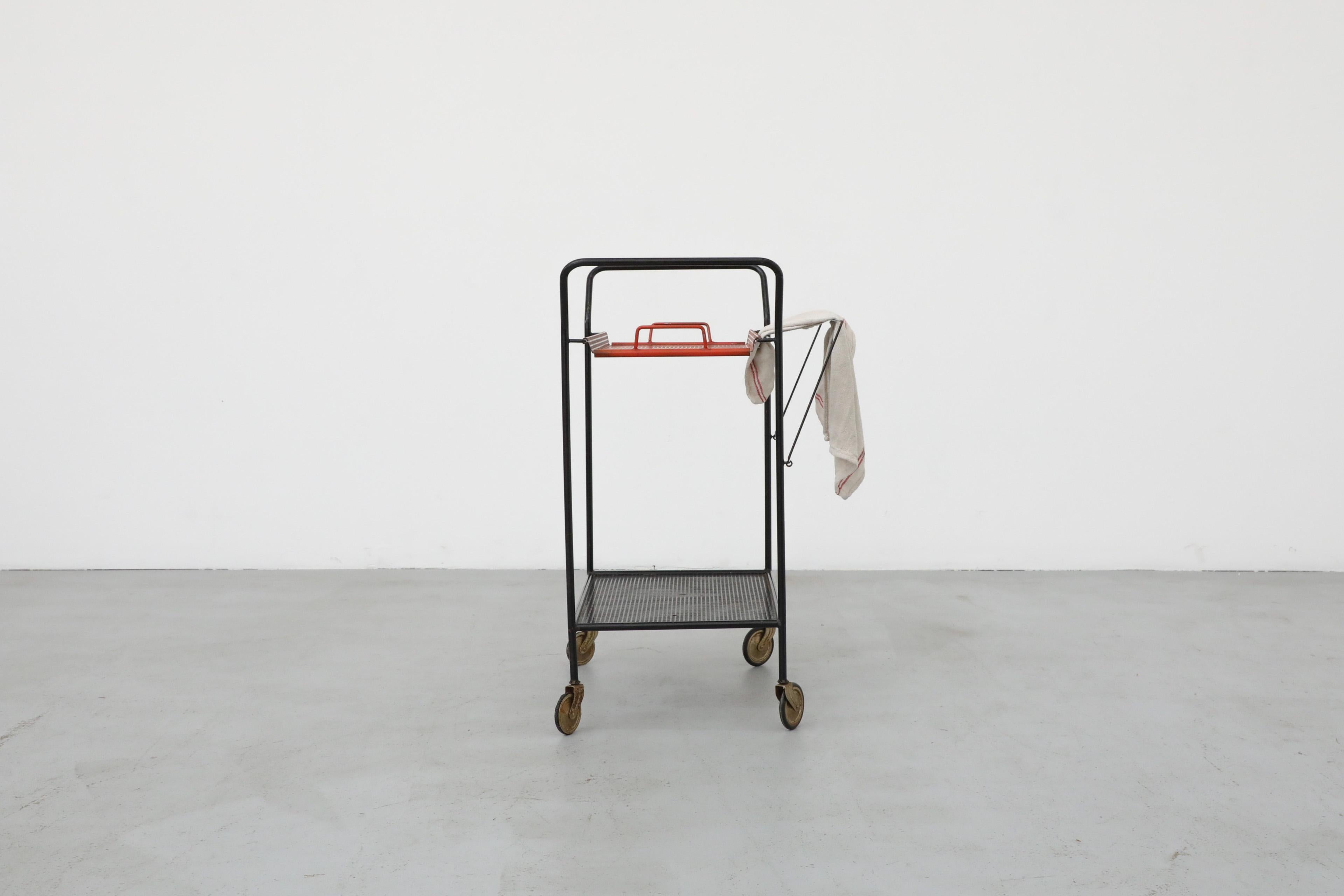 Mid-20th Century Vintage Red and Black Pilastro Perforated Enameled Metal Tea Trolley / Bar Cart