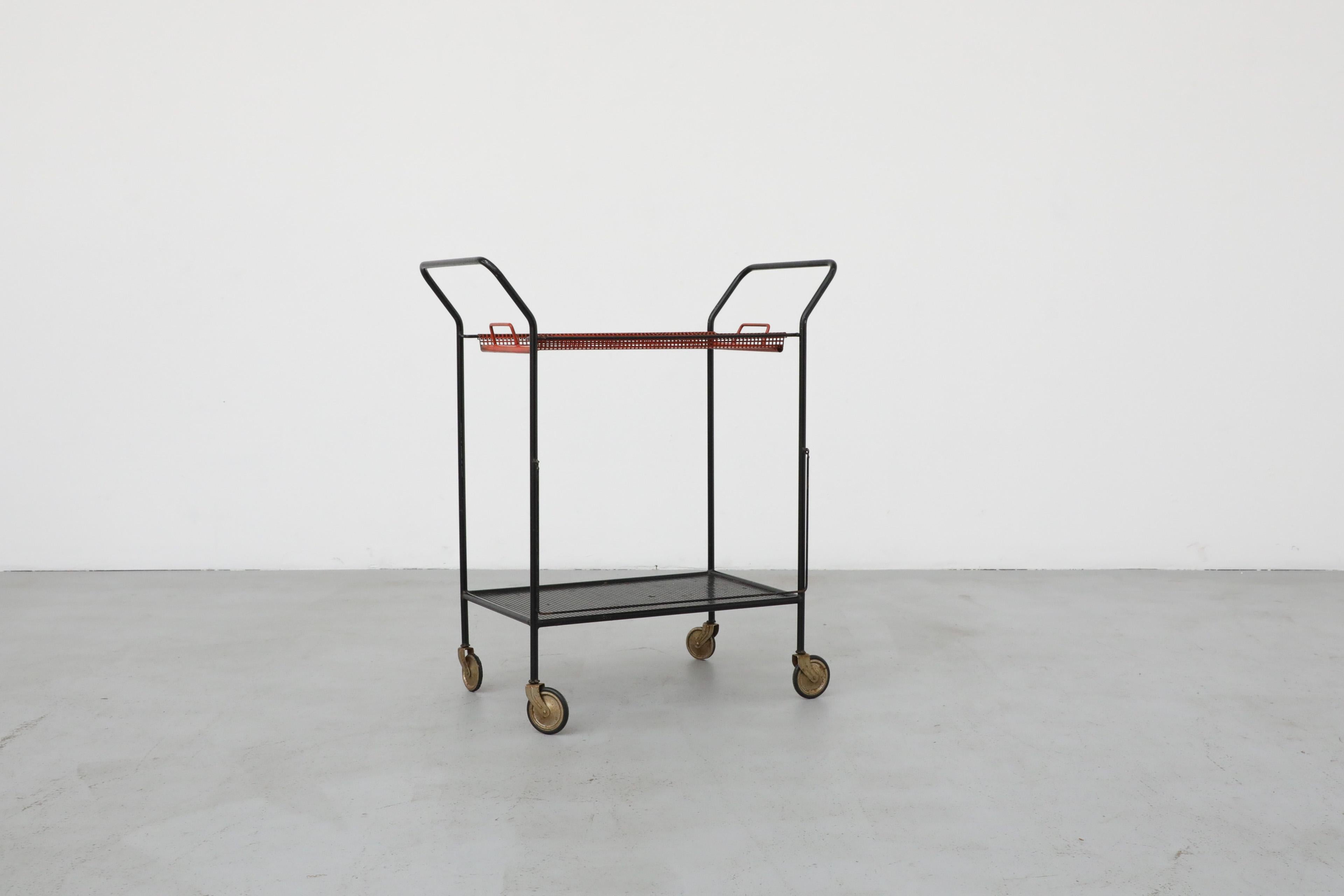 Vintage Red and Black Pilastro Perforated Enameled Metal Tea Trolley / Bar Cart 2